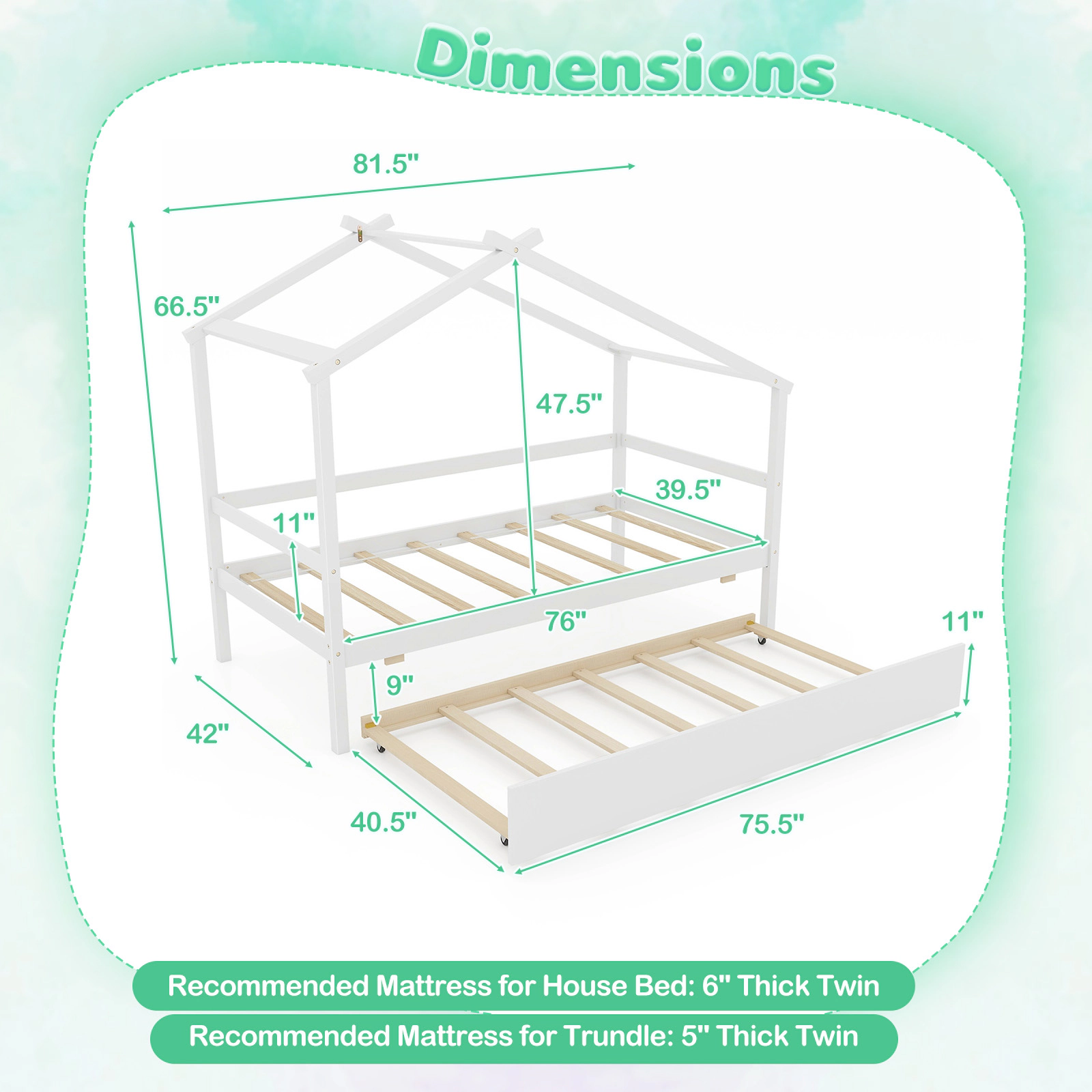 SUGIFT Kids Twin House Bed White with Trundle Roof Frame and Guardrails