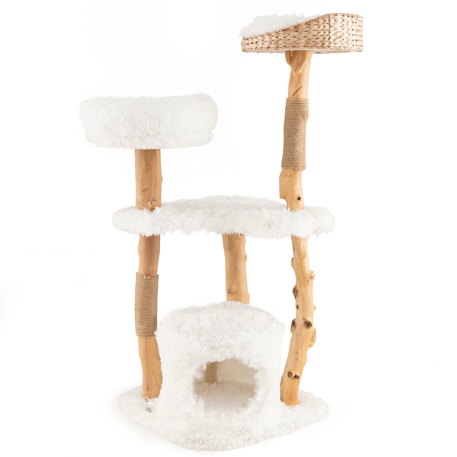 SUGIFT 49 in Solid Wood Cat Tower White with Cattail Basket Bed and Jute Posts