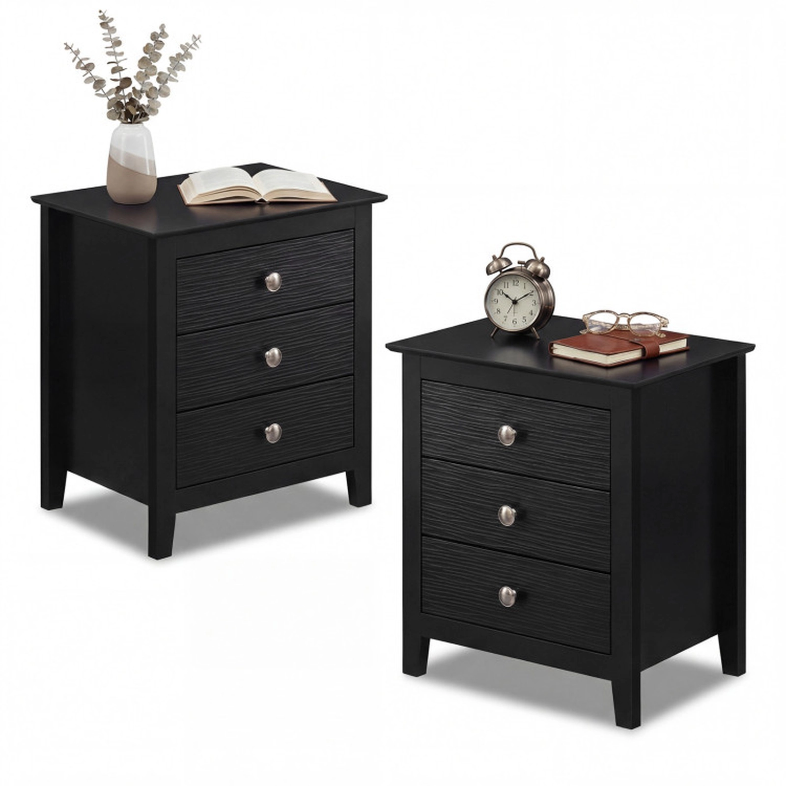 SUGIFT Modern Farmhouse 3-Drawer Nightstand, Black MDF with Wood Grain Accents
