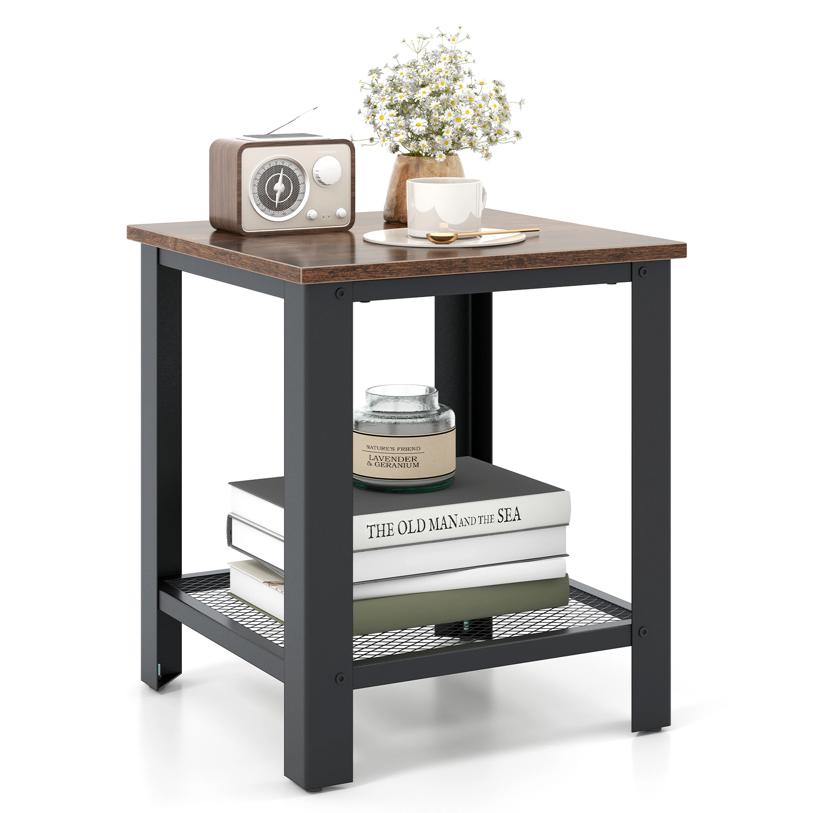 SUGIFT Industrial 2-Tier End Table with Metal Frame and Mesh Shelf 55-lb Capacity 16-in Square Black/Silver