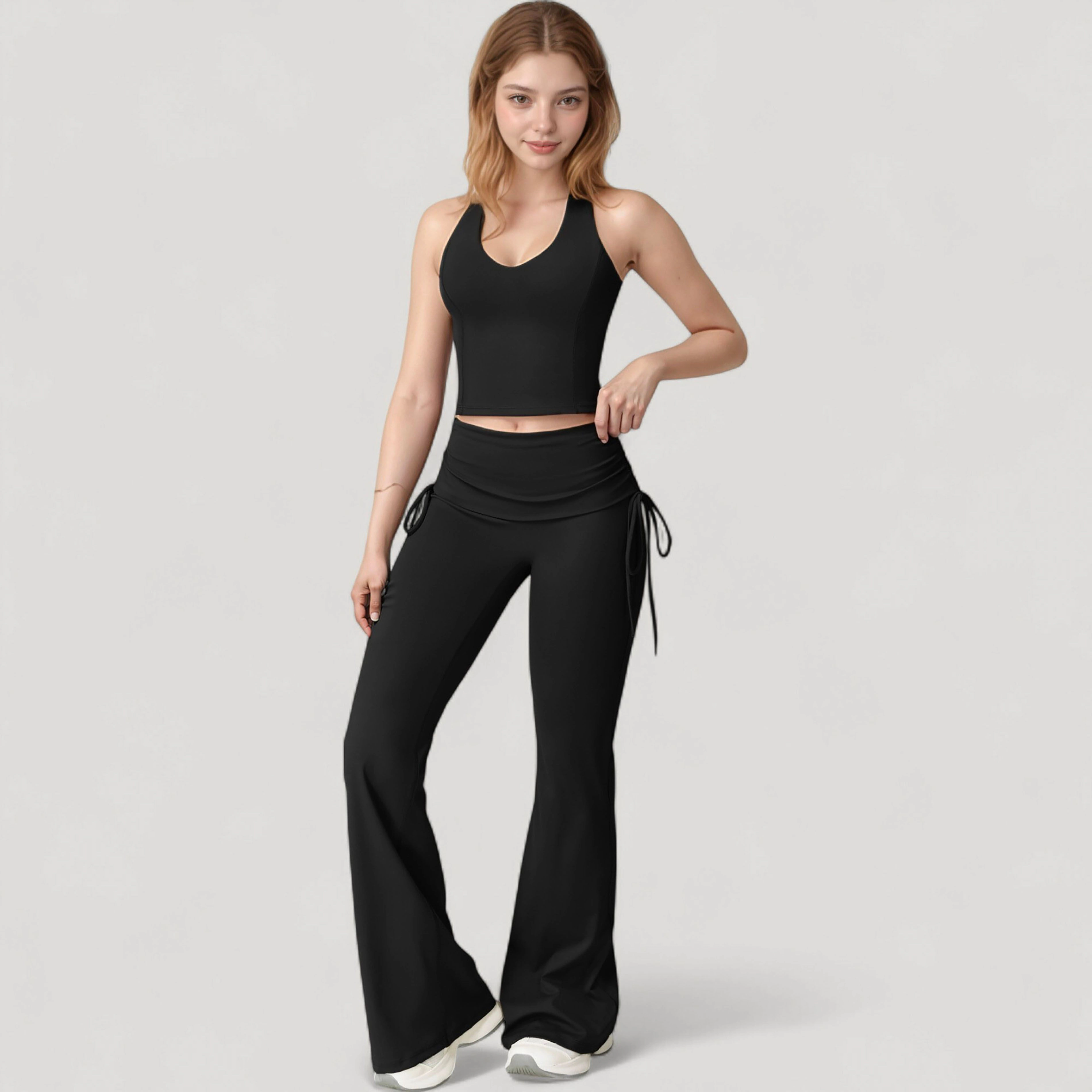 Anna-Kaci Active Women's Drawstring Ruched Waist Flared Leg Pants Stretch Fabric Yoga Lounge Bottoms