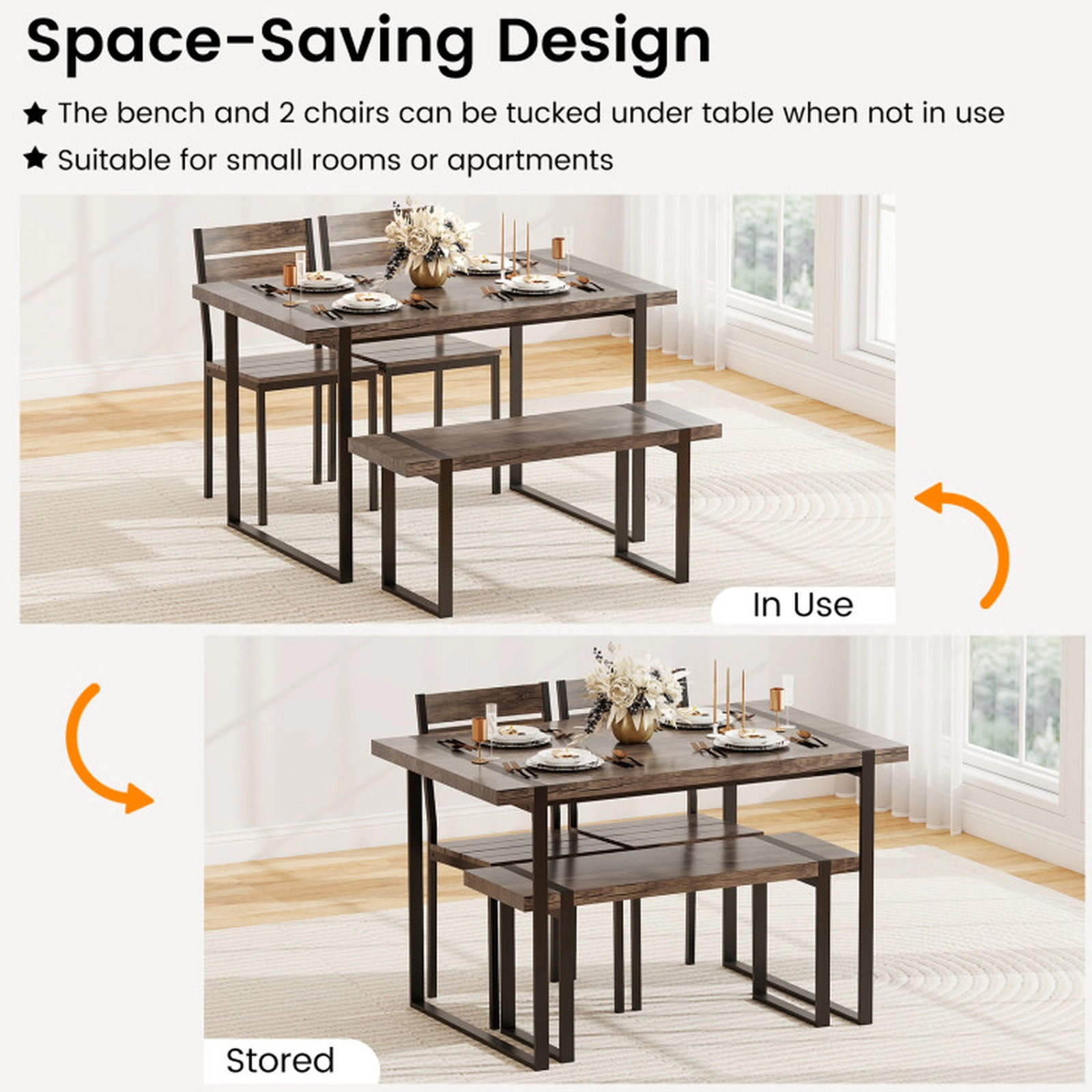 SUGIFT 4-Piece Dining Table Set with Bench and 2 Curved-Back Chairs, Gray and Black