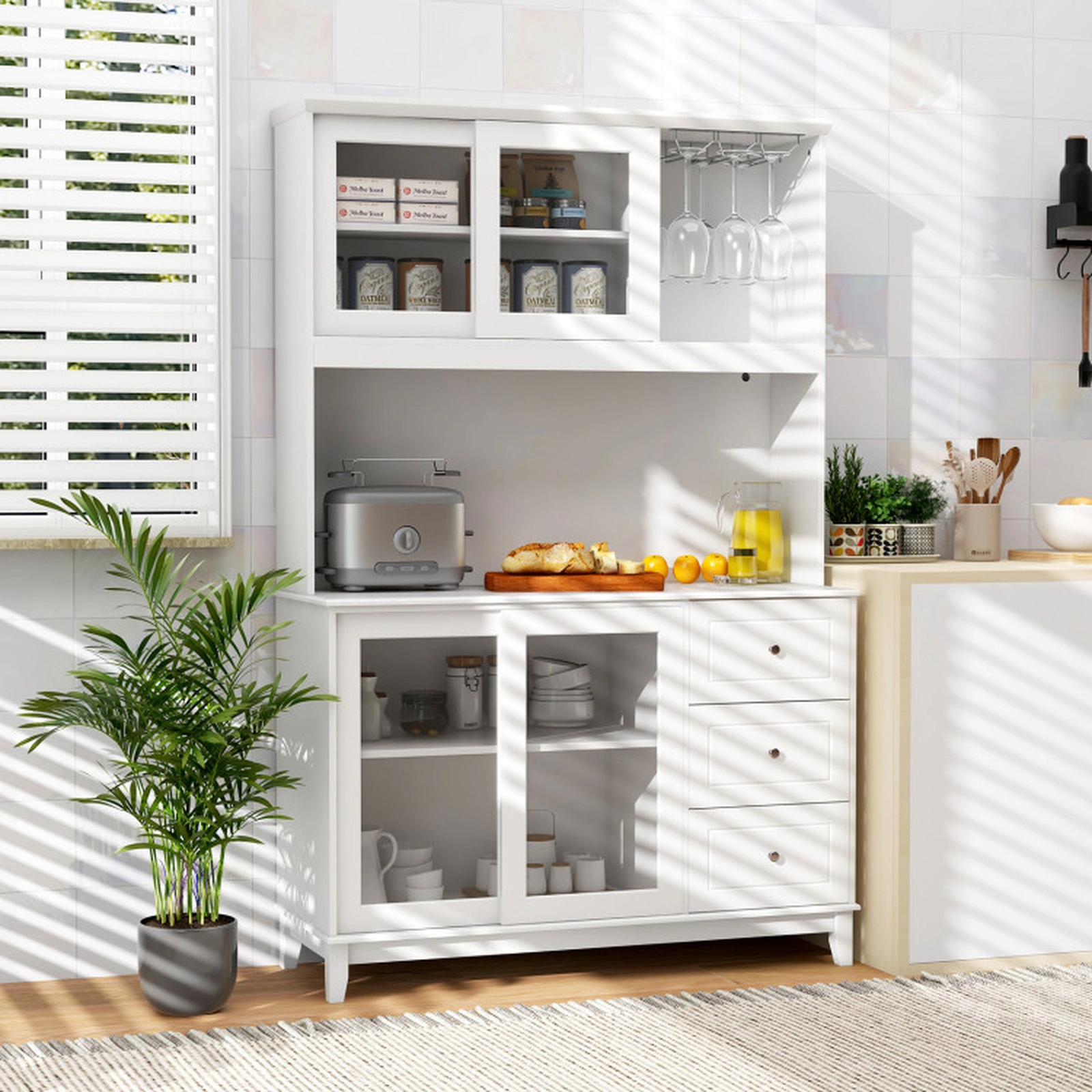 SUGIFT 73-in LED Lights Power Outlets 3 Drawers Glass Door Kitchen Pantry Hutch 47-in x 17.5-in 320-lb Capacity White