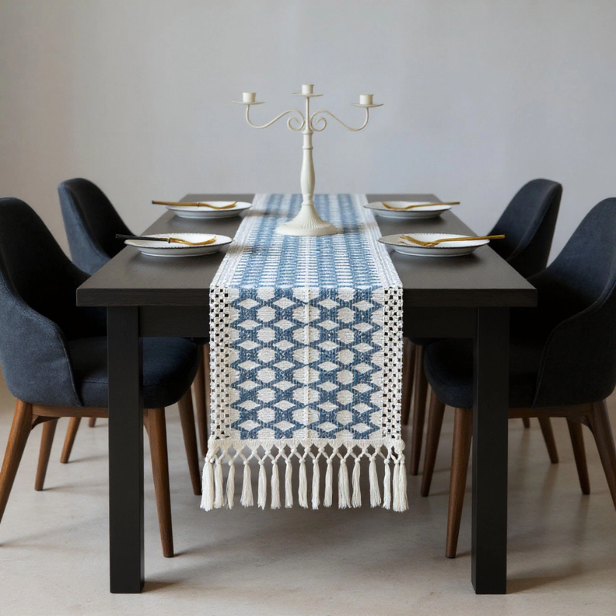 Alilang Unisex Geometric Woven Table Runner with Tassel Fringe Edges