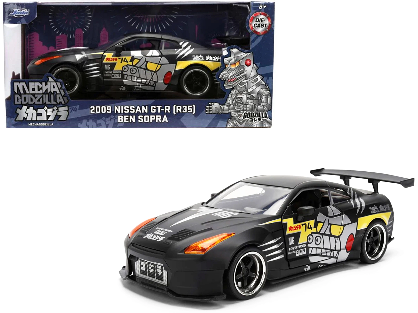 Jada 2009 Nissan GT-R (R35) Ben Sopra Matt Black with "Mechagodzilla" Graphics "Hollywood Rides" Series 1/24