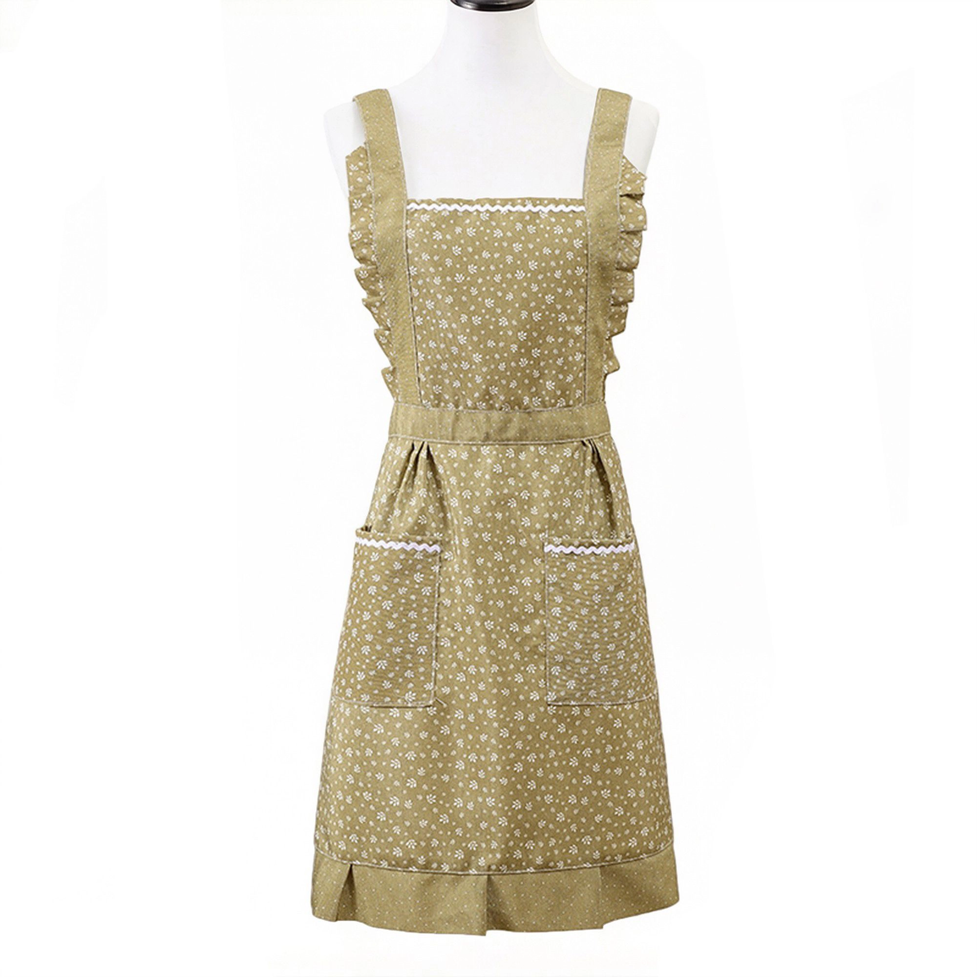 Alilang Unisex Floral Print Kitchen Apron with Ruffled Trim Adjustable Waist Ties and Front Pockets
