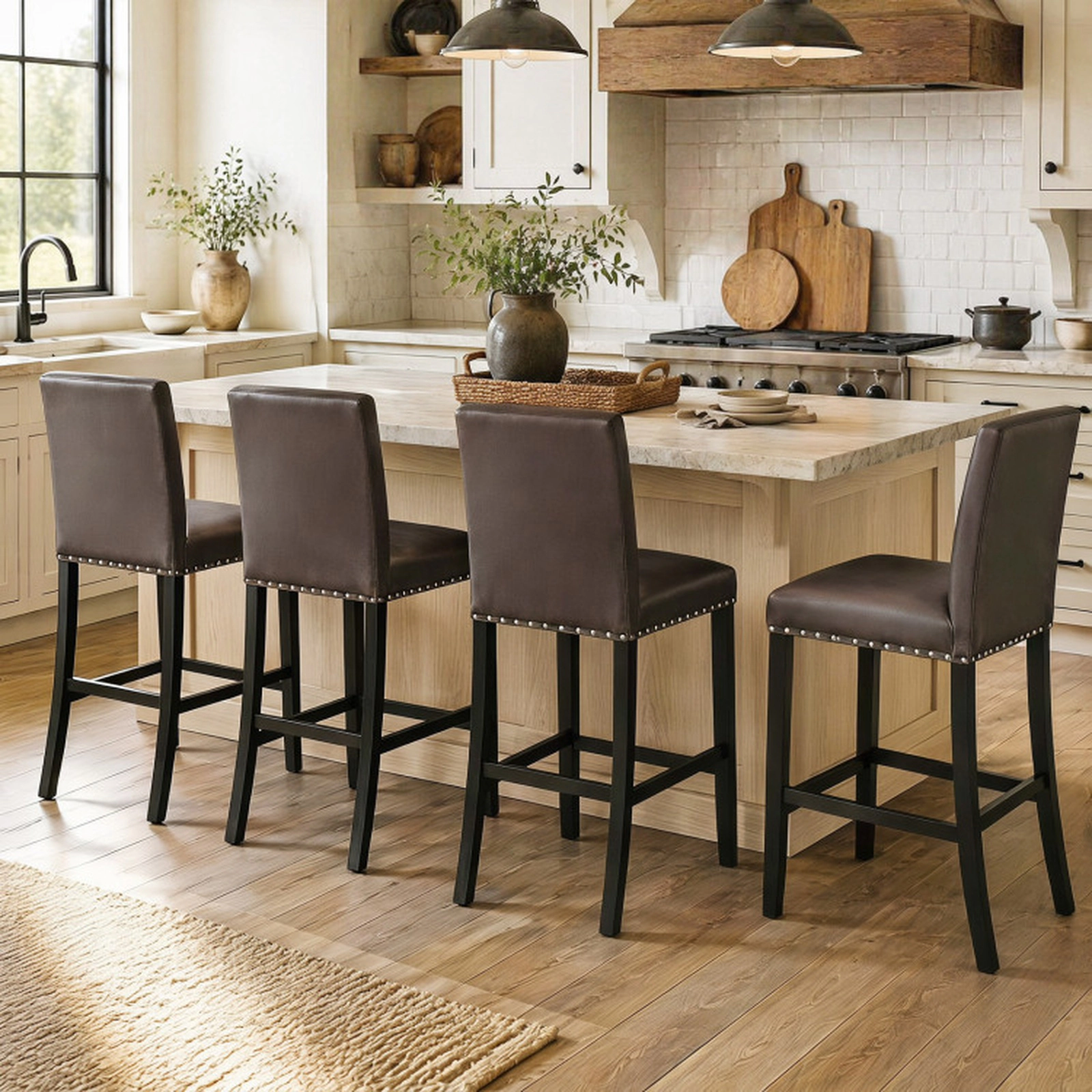 SUGIFT Set of 4 PVC Leather Nailhead Trim Counter Height Bar Stools 19-in x 20-in x 39-in 245-lb Capacity Brown