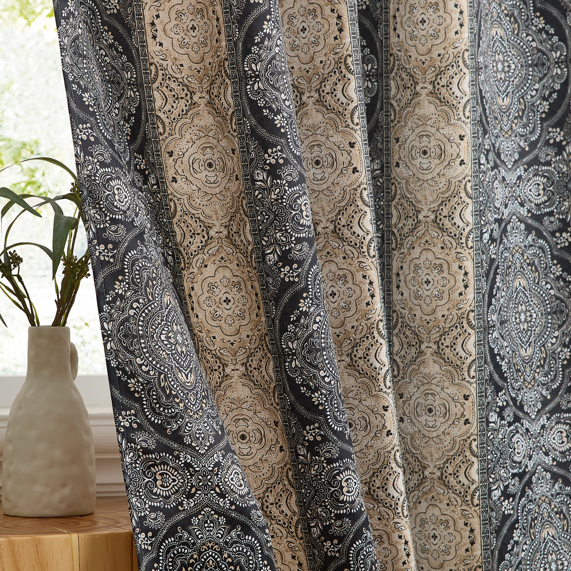 HLC.ME William Boho Damask Striped Back Tab Rod Pocket Curtains - Light Blocking Darkening Window Panels, Set of 2