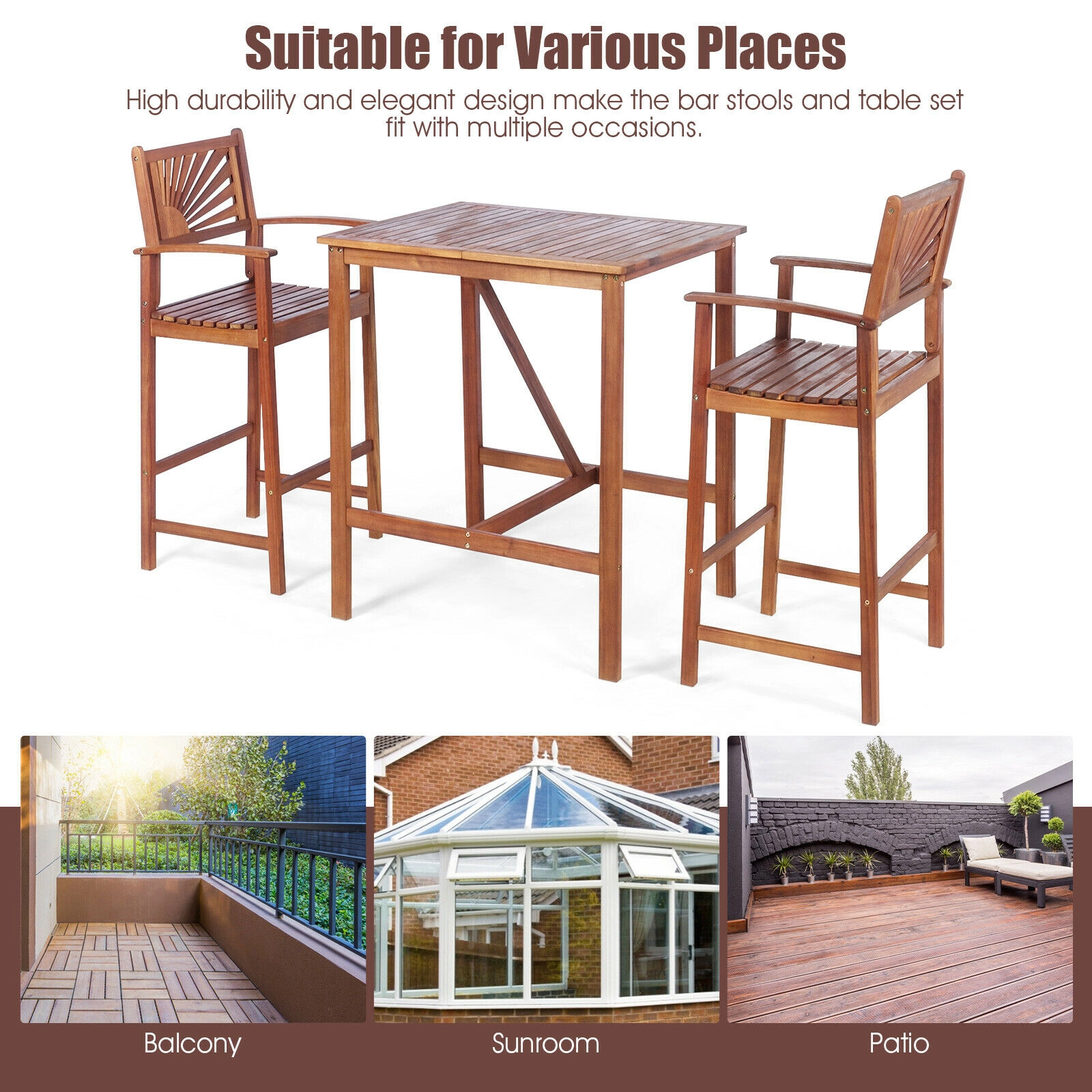SUGIFT 3-Piece Acacia Wood Patio Bar Set, 35.5-Inch Table and 29-Inch Seat Stools