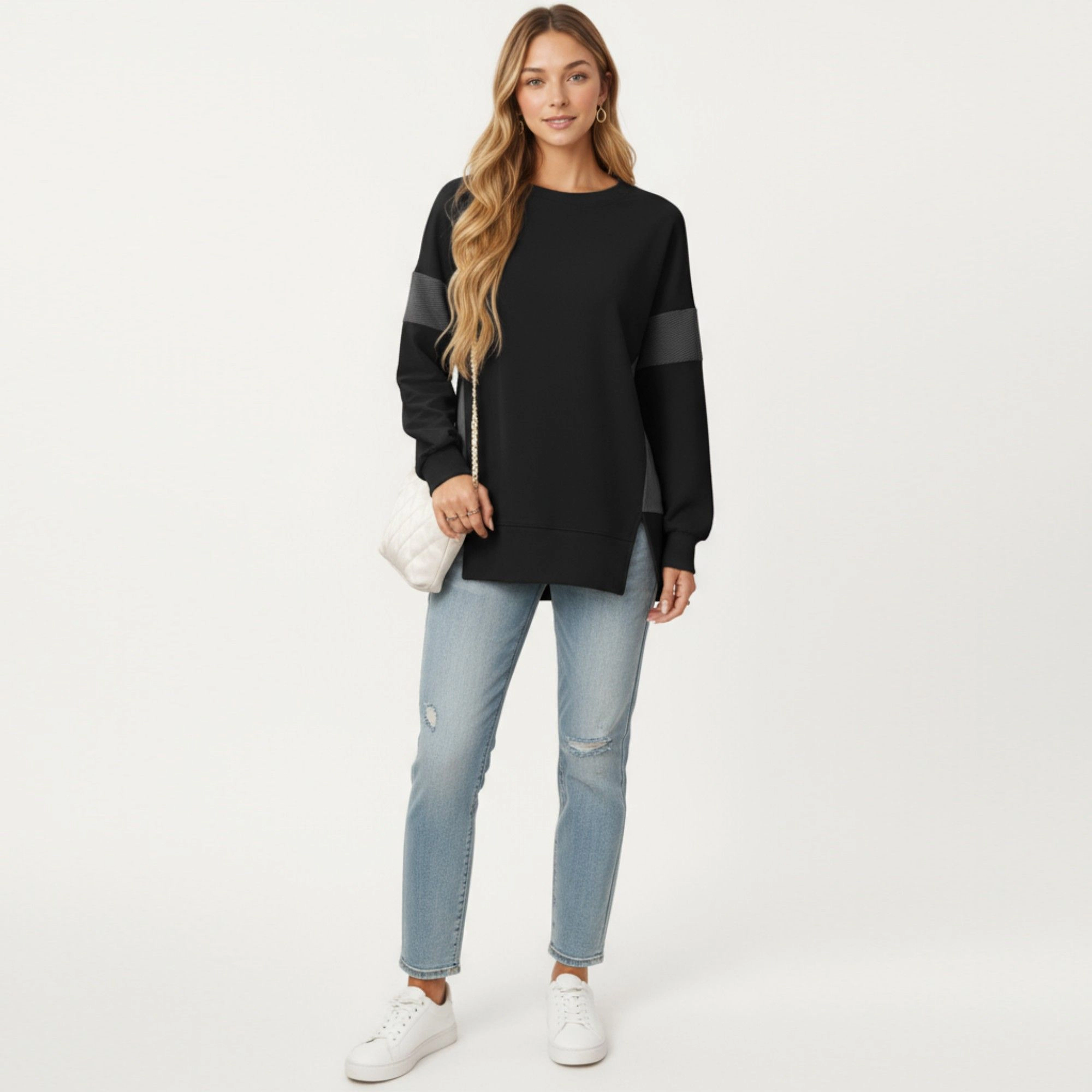 Anna-Kaci Women's Colorblock Sleeve Crew Neck Relaxed Fit Long Pullover Top