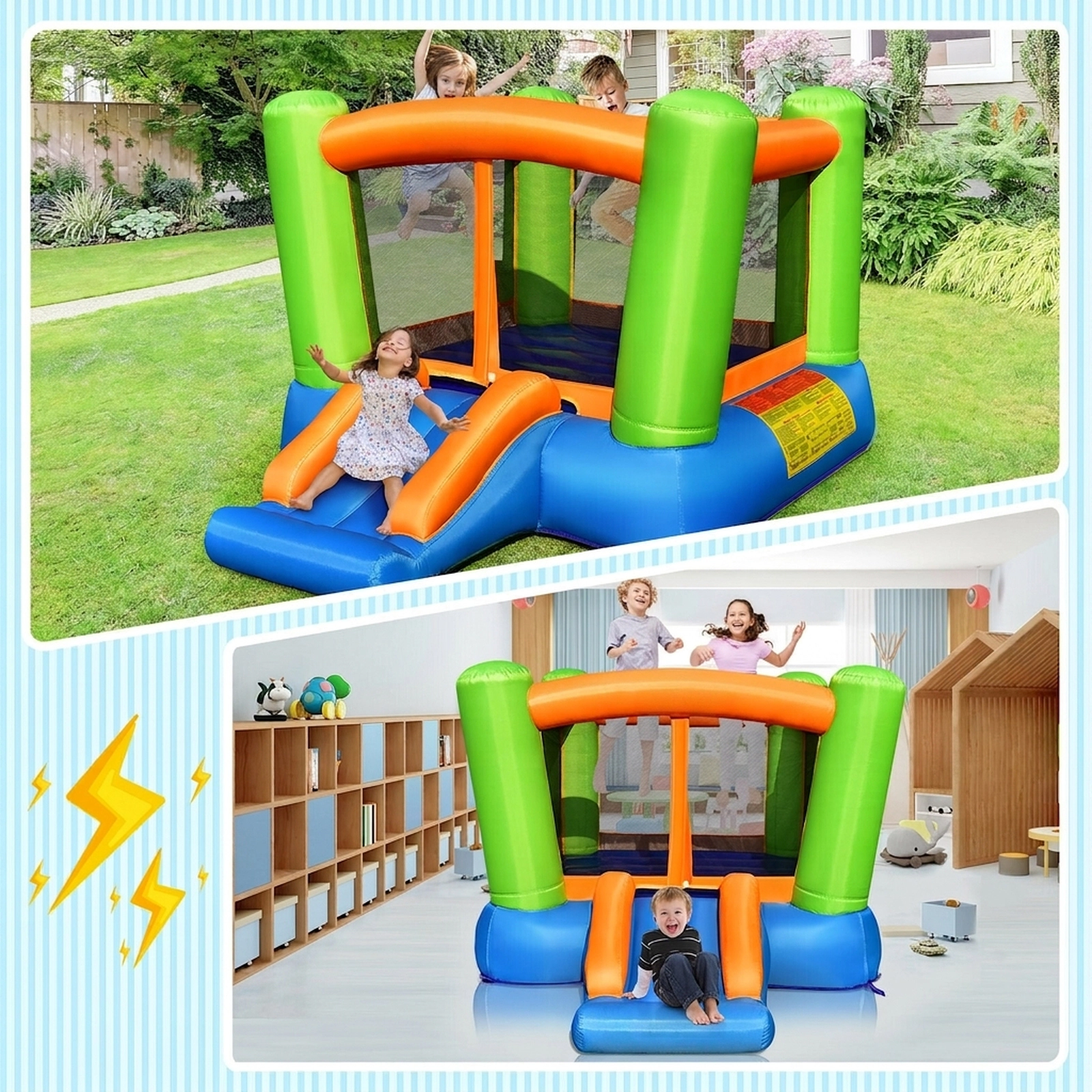 Kids Inflatable Bounce House with Curved Slide and Mesh Walls for 2 Kids 200-lb Capacity Blower Not Included Indoor