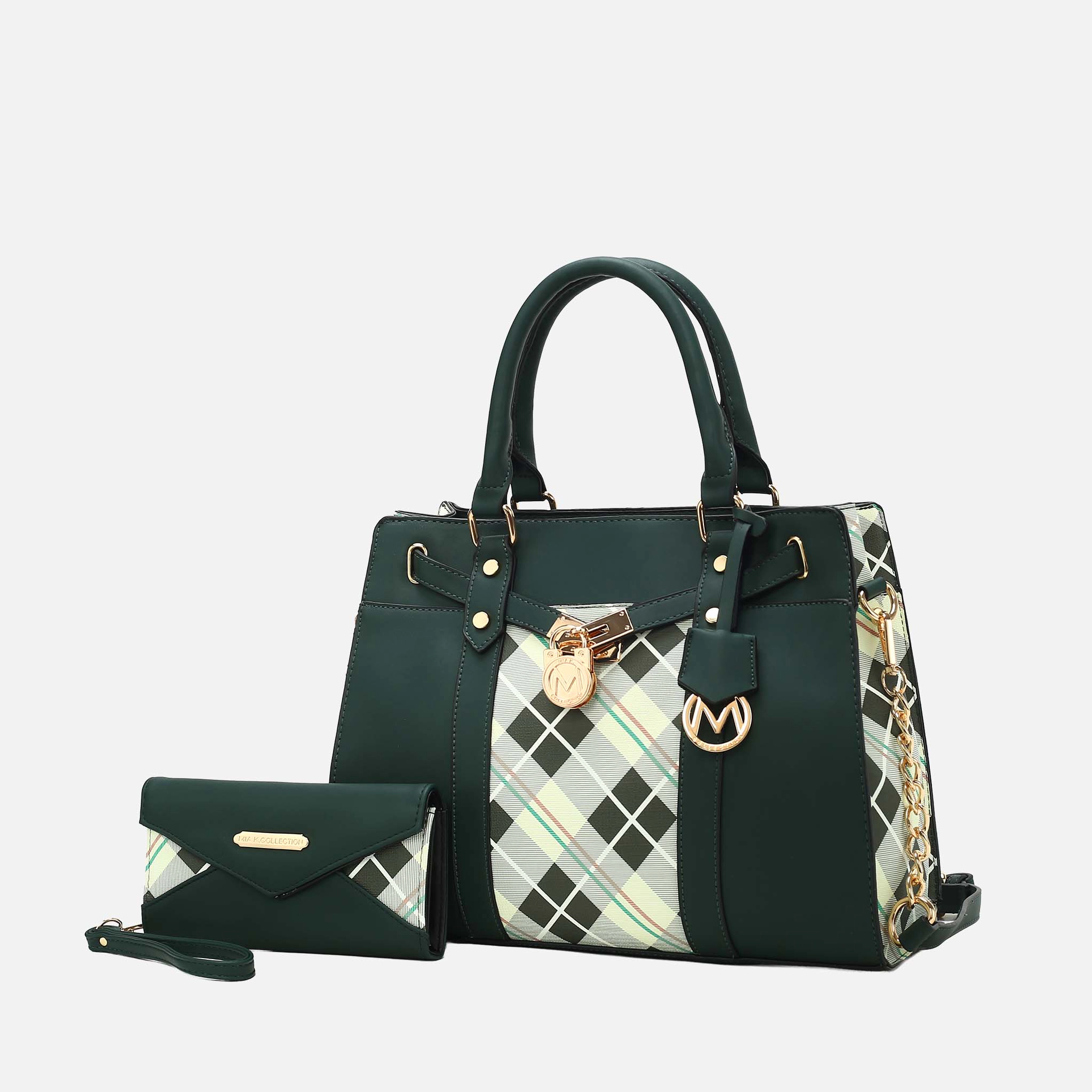 MKF Collection by Mia K Christine Plaid Vegan Leather Satchel with Wristlet Wallet, Olive
