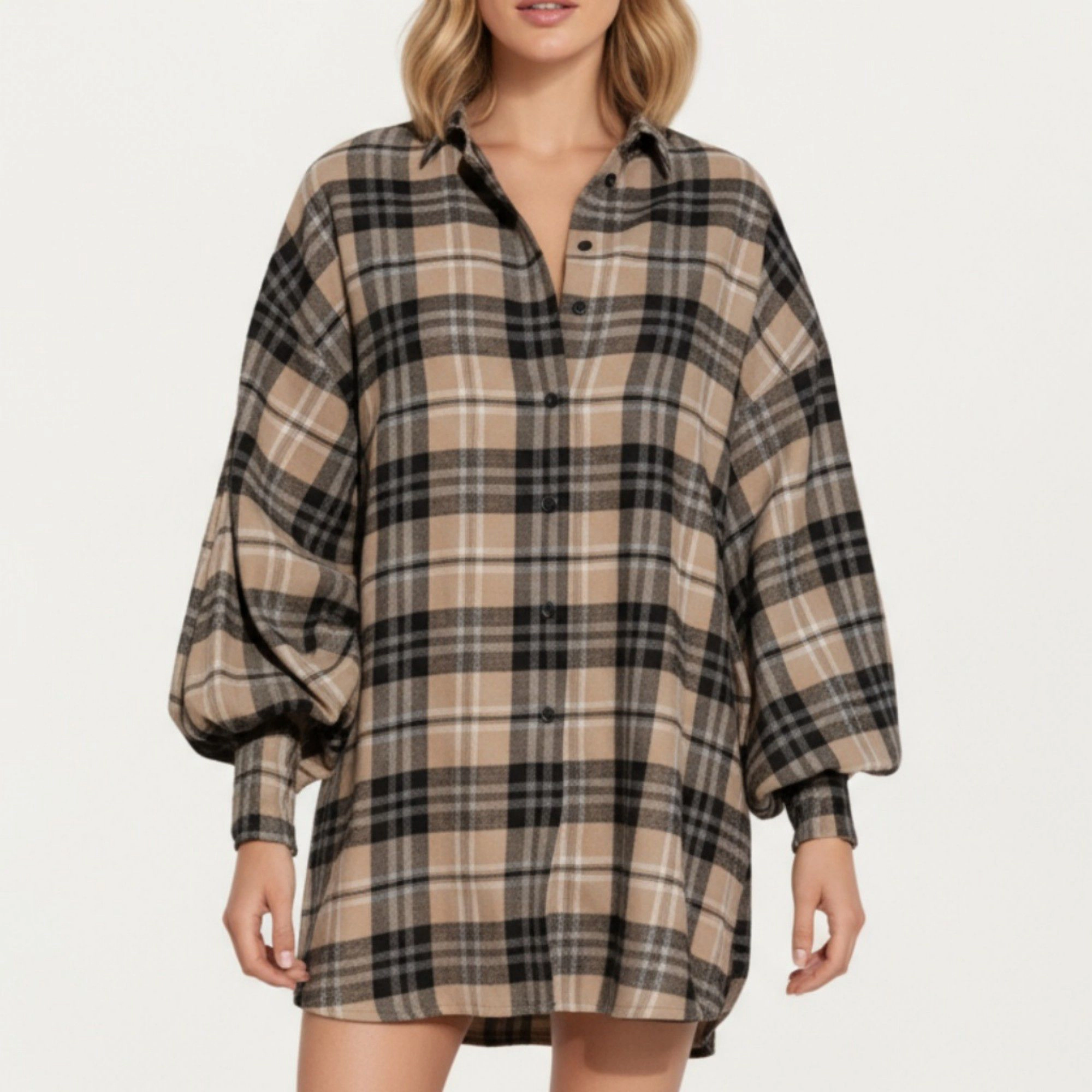 Anna-Kaci Women's Oversized Plaid Long Balloon Sleeves Button Front Collar Detail Shirt Dress