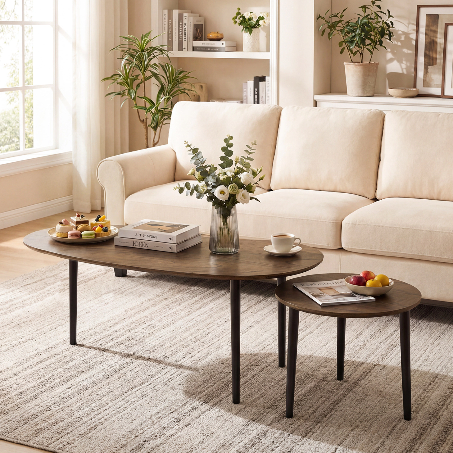 Glintex 2-Piece Mid-Century Nesting Table Set with Kidney and Round Tops, Walnut + Black