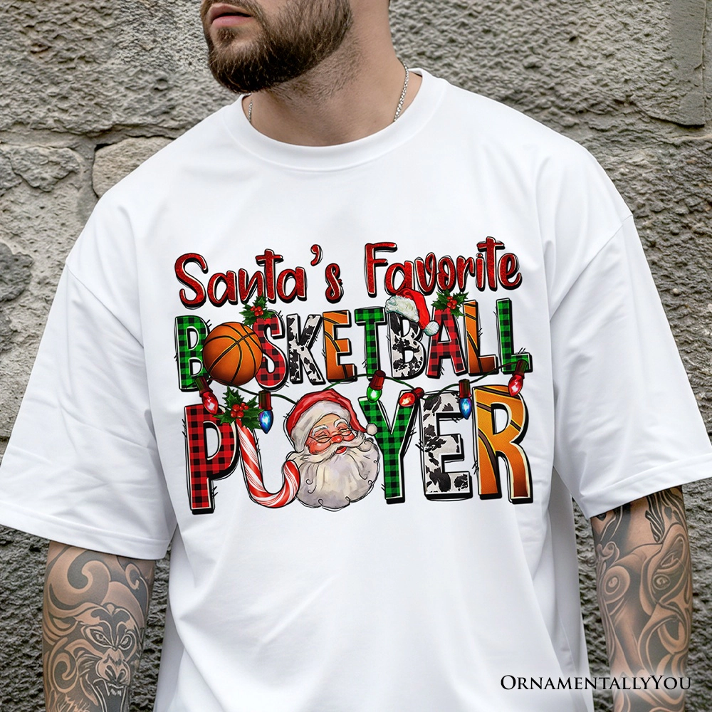 OrnamentallyYou Mens Santa's Favorite Basketball Player Plaid Christmas T-Shirt