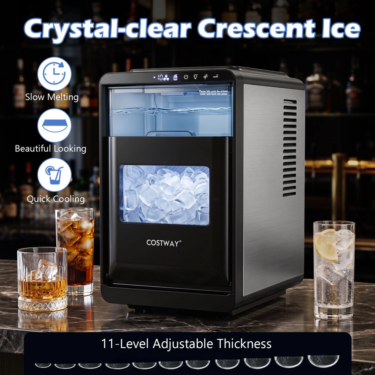 SlickBlue Grey Stainless Steel Ice Machine, 26 Lbs Daily, Crescent Ice