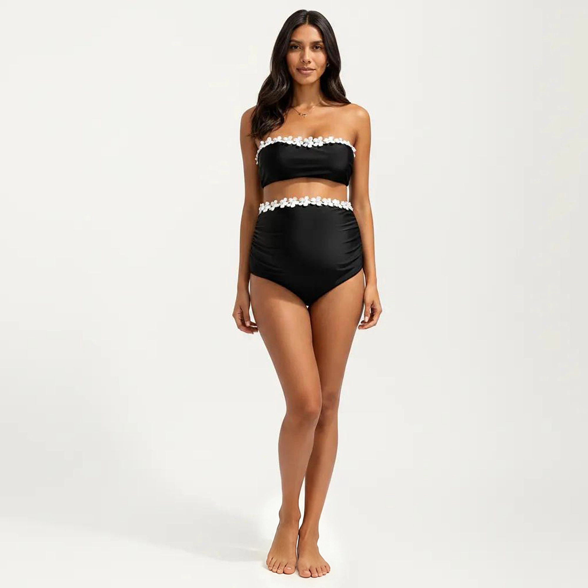 Anna-Kaci Women’s Maternity Floral-Trim Bandeau Two-Piece Swimsuit - High Waist Tummy Control
