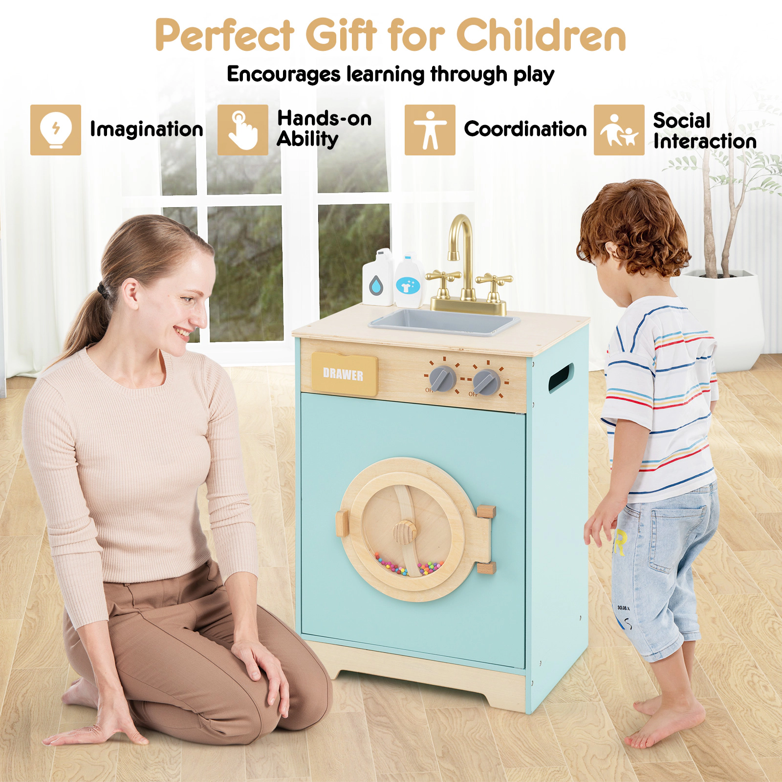 SUGIFT Kids Blue Wooden Toy Washing Machine Playset with Removable Sink and Detergent Bottle 16-in W 30-in H