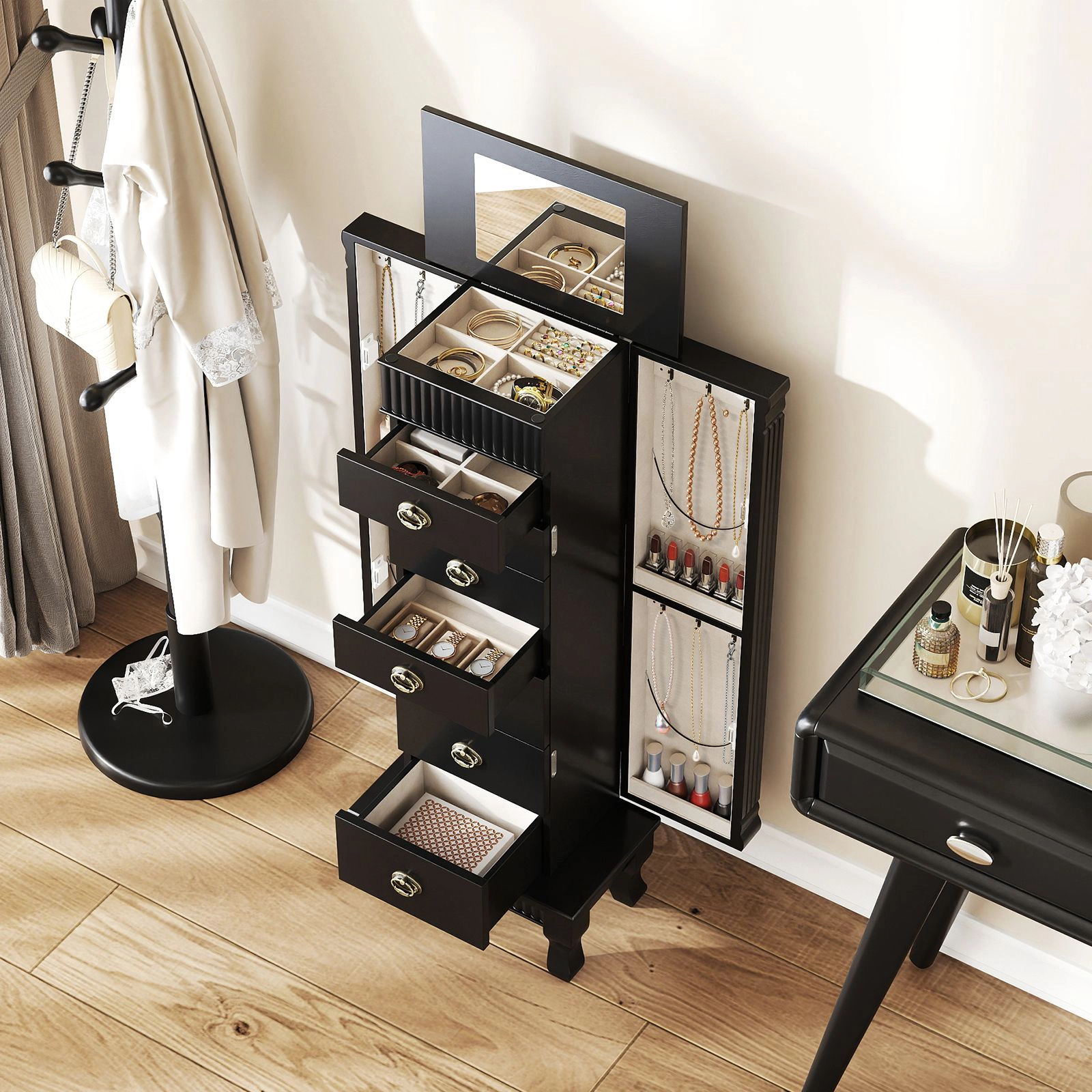 SlickBlue Women's 7-Drawer Wooden Jewelry Cabinet with Mirror