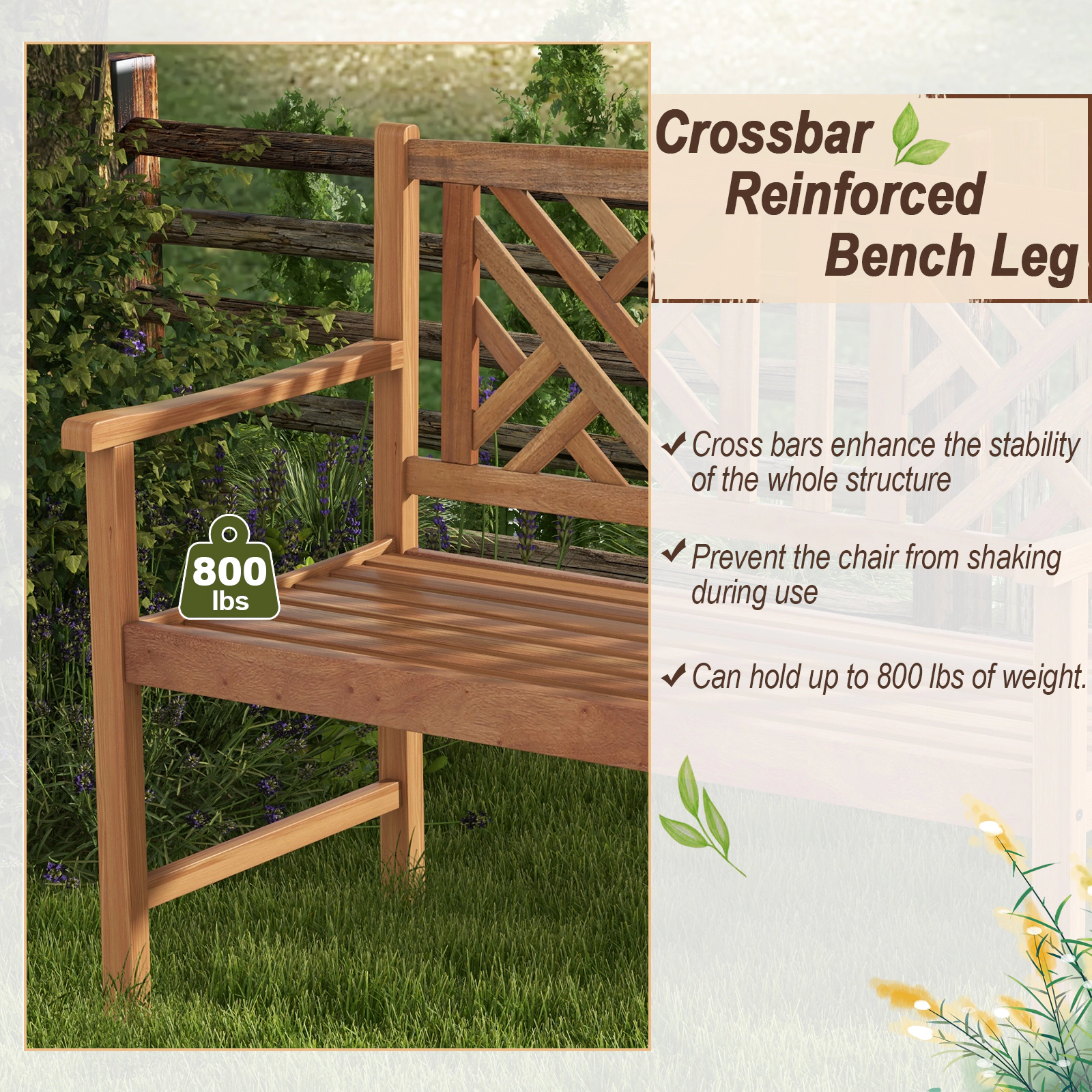 Hivvago 2-Person Wood Outdoor Bench With Cozy Armrest And Backrest