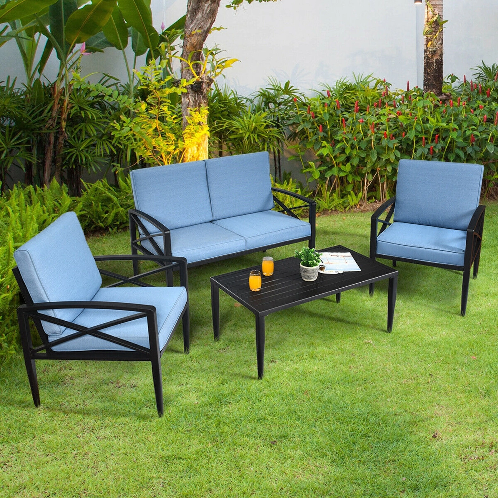 SUGIFT Aluminum Frame Cushioned Sofa and Side Table 4-Piece Blue Patio Furniture Set