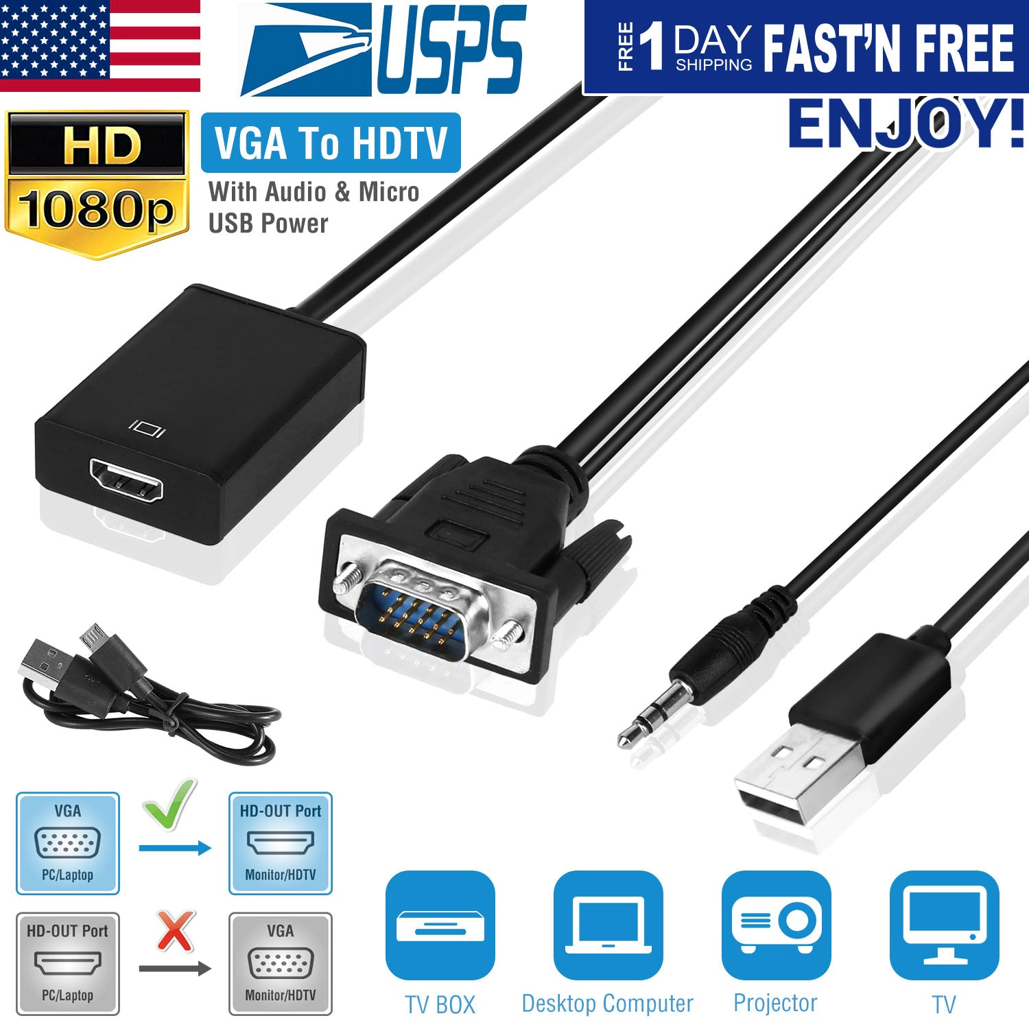 GBruno VGA To HDMI Converter With Audio Cable