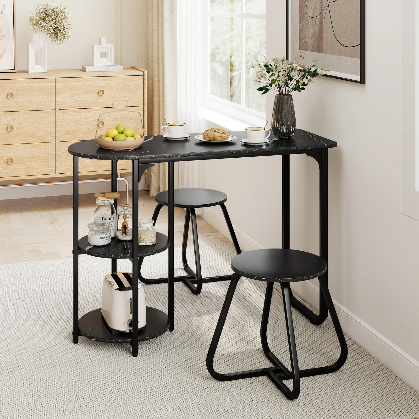 SUGIFT 3-Piece Industrial Dining Table Set Side Shelves 88-lb Table 330-lb Stools 43.5-in Table Rustic Brown & Black