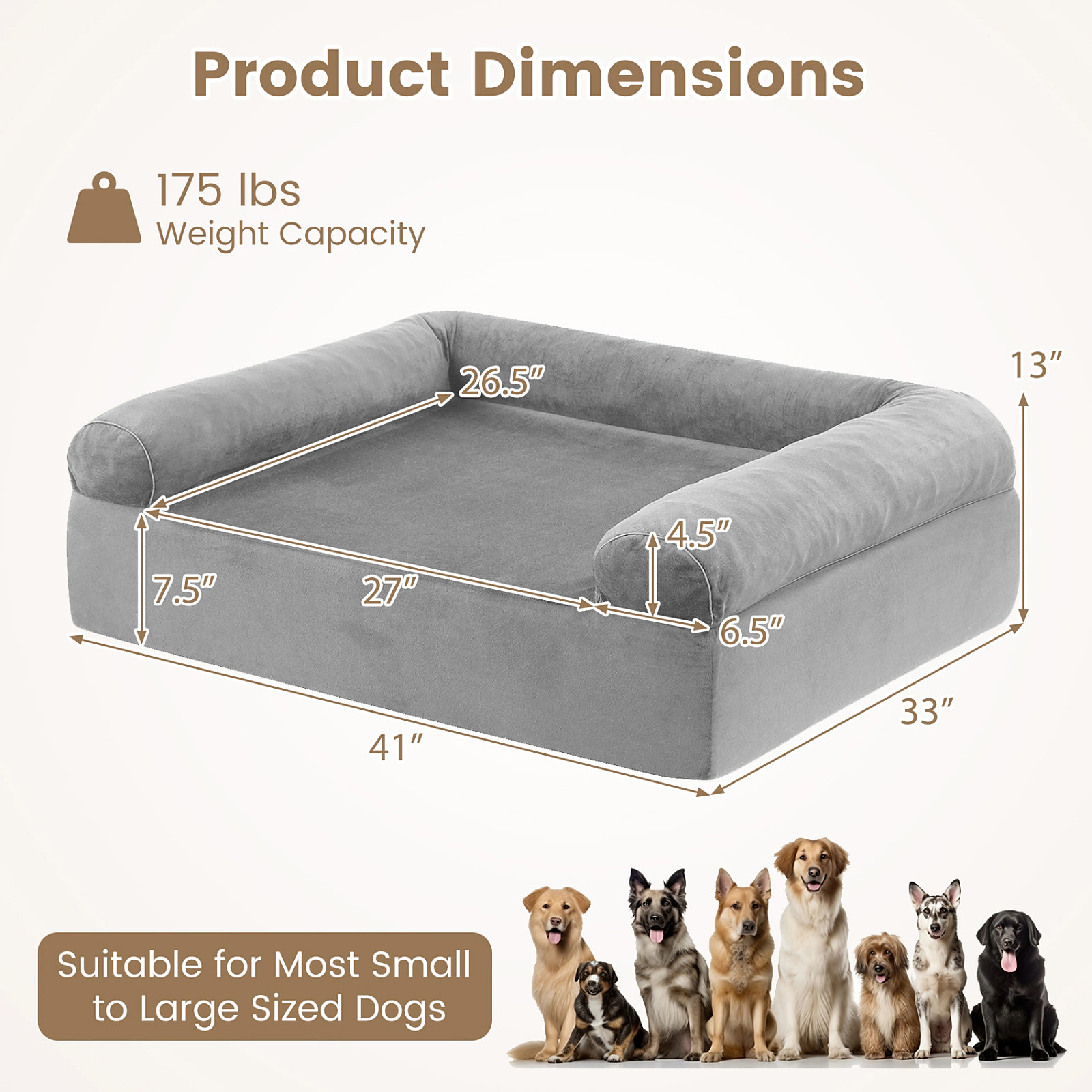 SUGIFT Light Gray Cooling Gel Memory Foam Dog Bed with Bolsters and Washable Cover 41-in W 33-in D 13-in H