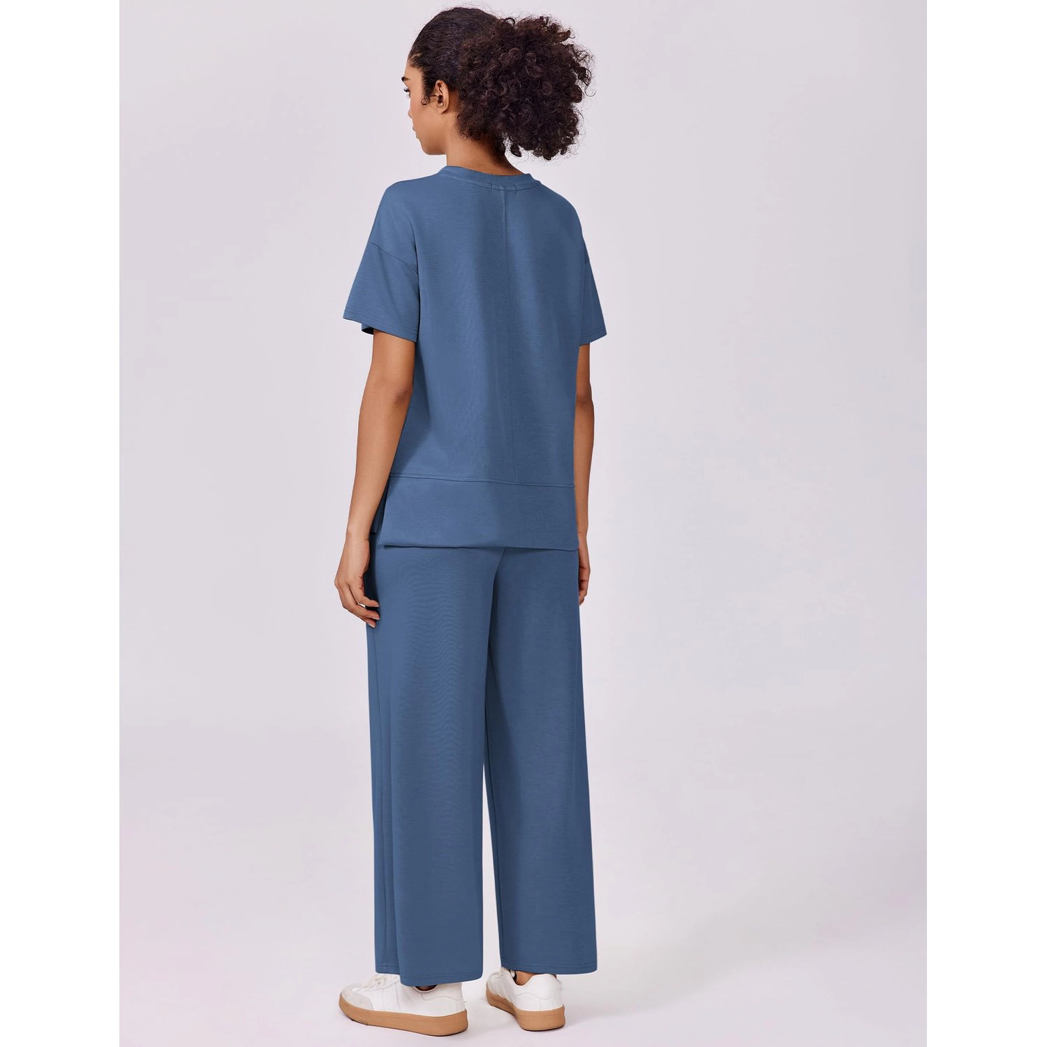 Pinspark Womens Casual Short Sleeve Tops Solid Wide Leg Pants Loose Lounge Sets