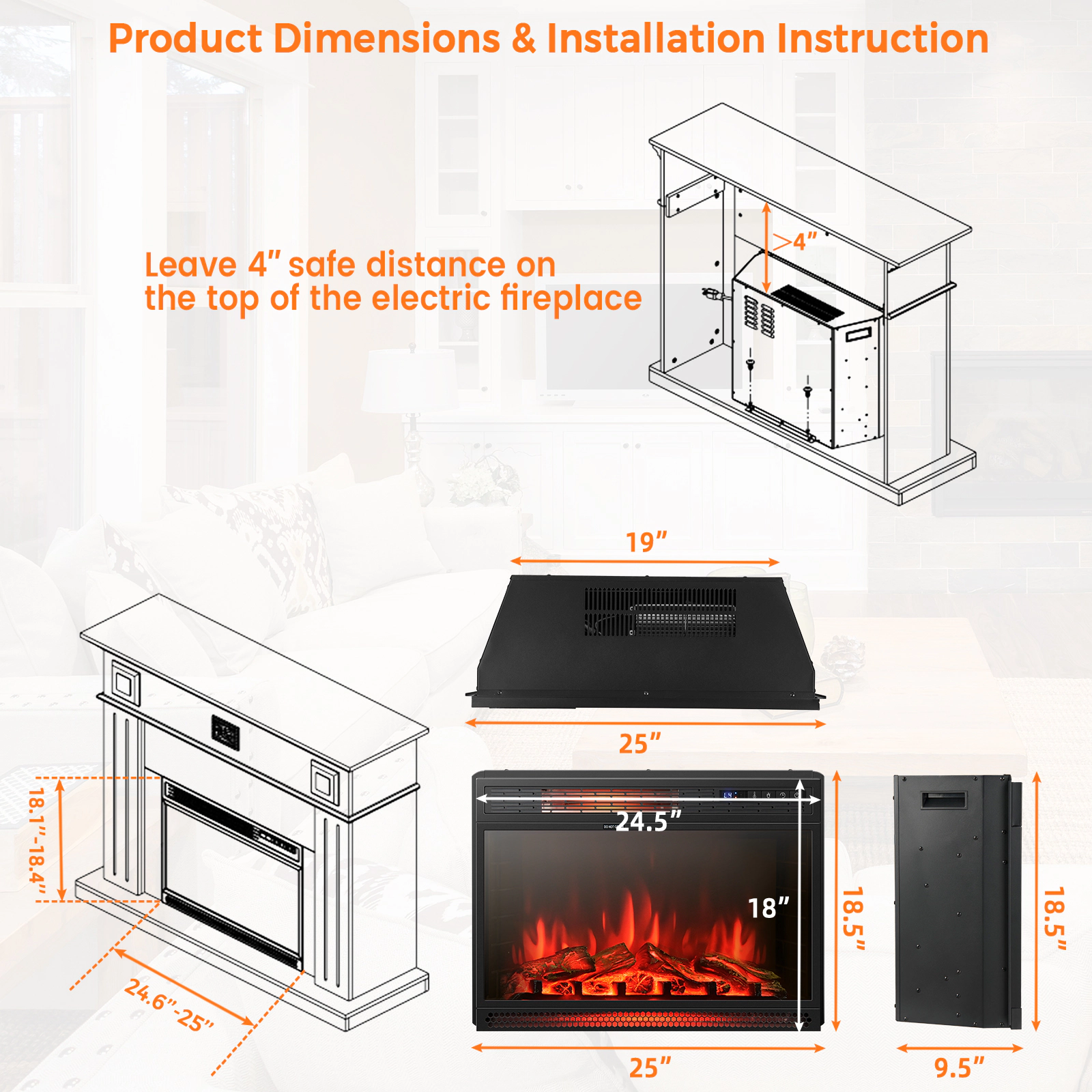 SlickBlue Black Electric Fireplace Heater with 3 Flame Colors, Timer Function