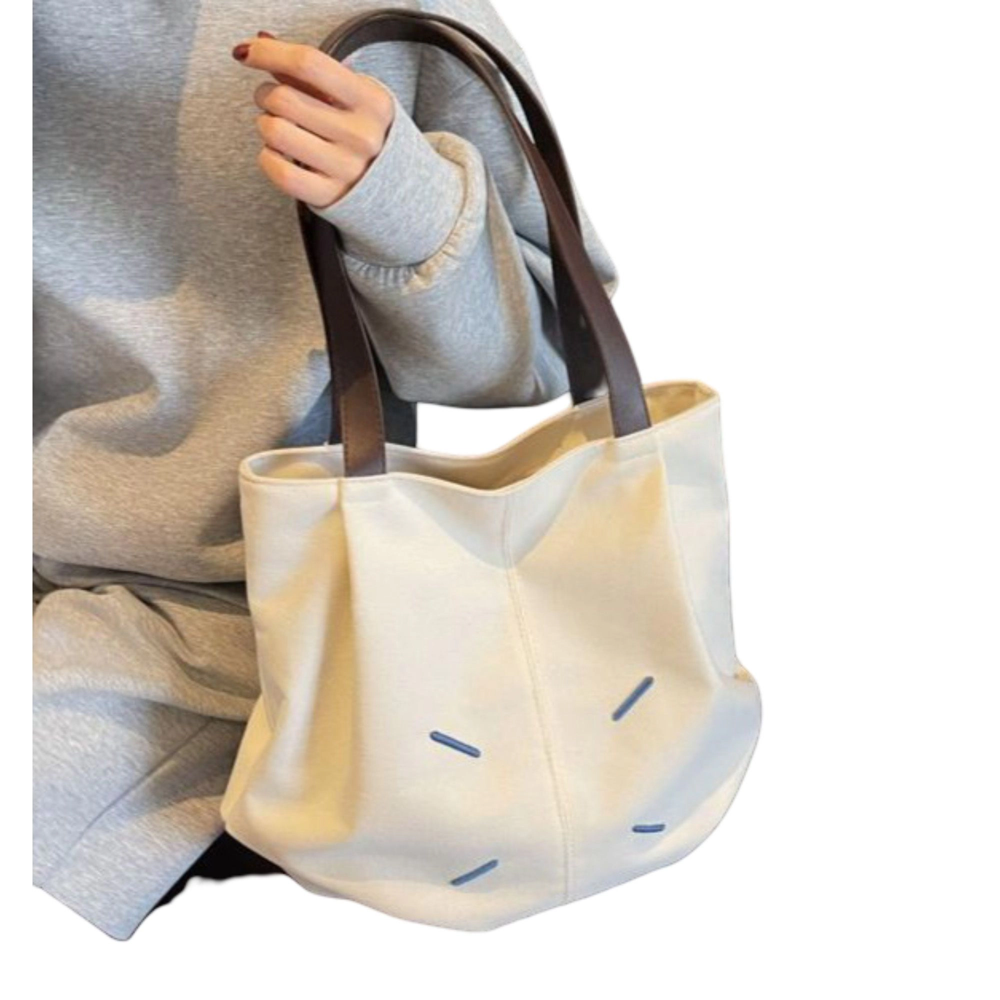 Alilang Women's Canvas Tote Bag with Contrast Handles and Decorative Stitch Detail