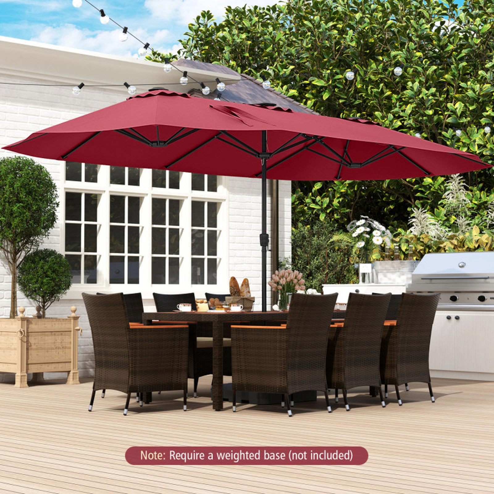 SUGIFT 15.5-ft Extra-Large Double-Sided Patio Umbrella with LED Solar Lights Crank Handle 30-lb Net Weight 1-Pc Red