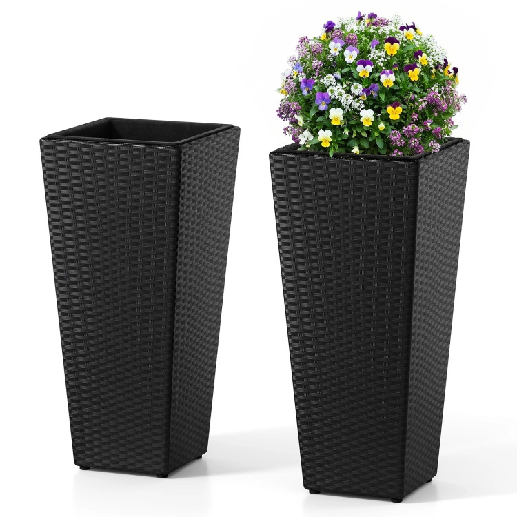 Hivvago Set of 2 Rattan Tall Plant Pots with Detachable Plastic Liners