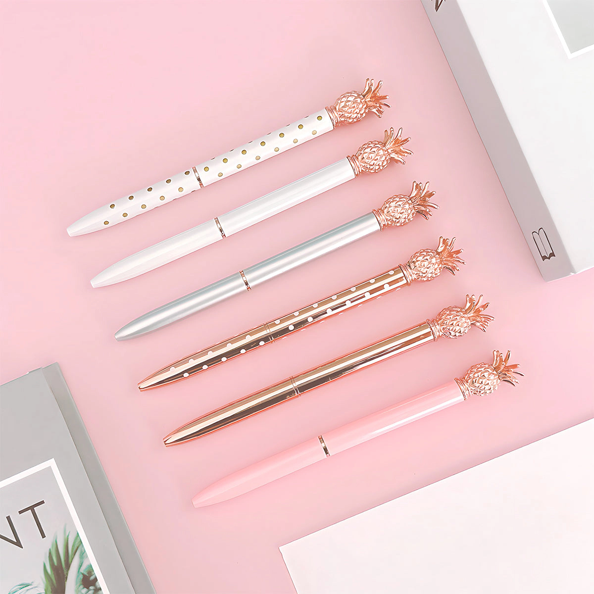 Wrapables Pineapple Ballpoint Pens, 1.0mm Medium Point Retractable Metal Pens, 6 Pens and 6 Refills