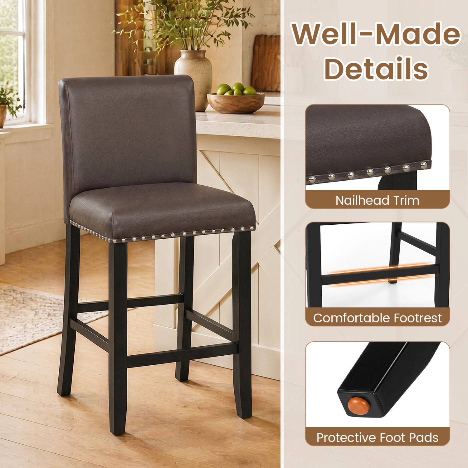 LJG Set of 2 Bar Stools with Back for Kitchen Island