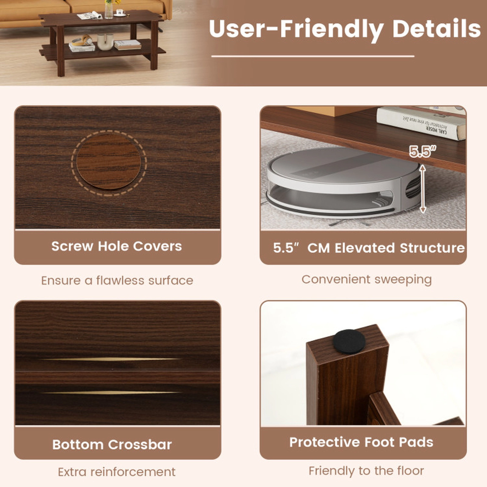 SUGIFT 2-Tier Slatted Engineered Wood Open Storage Coffee Table 45-in x 23.5-in x 18.5-in 135-lb per Shelf Walnut
