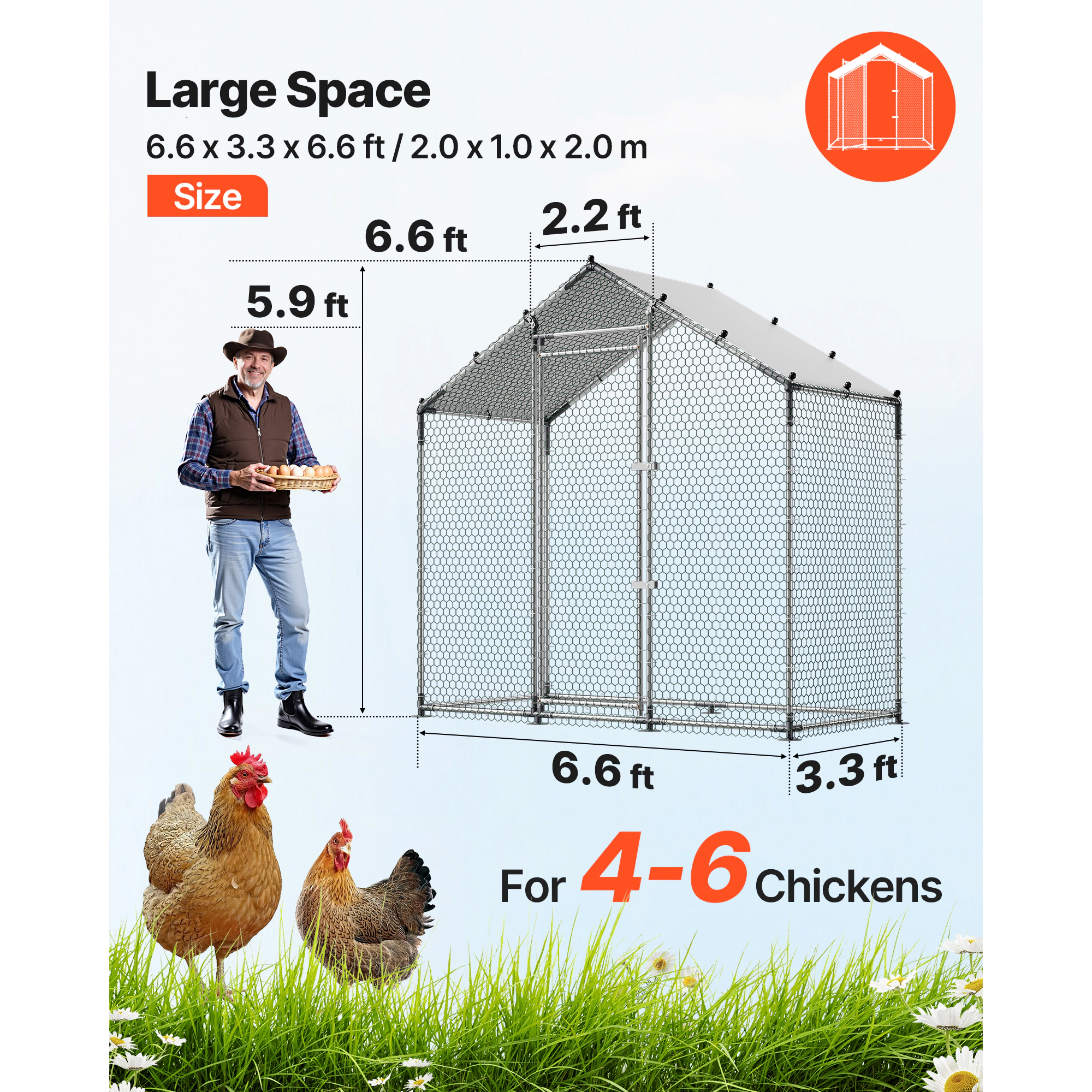 HONGGE Large Metal Chicken Coop Walk-in Chicken Run House with Waterproof Cover & Sturdy Frame Spire Roof Poultry Cage