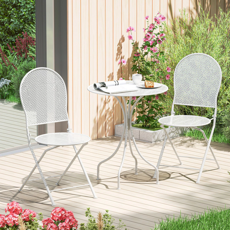 Hivvago 3 Piece Metal Bistro Patio Round Table And 2 Folding Chairs Set-White