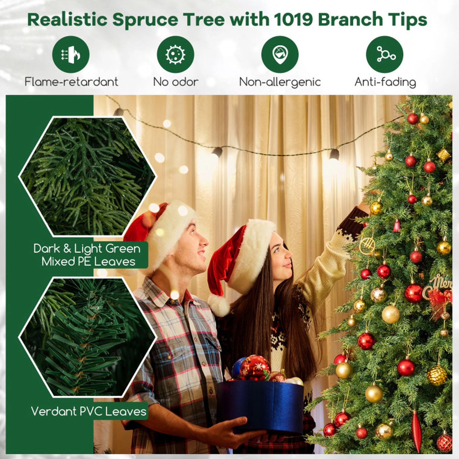 SUGIFT 7.5-ft Green Hinged Artificial Christmas Tree with 1019 Lush Branch Tips and Foldable Metal Base
