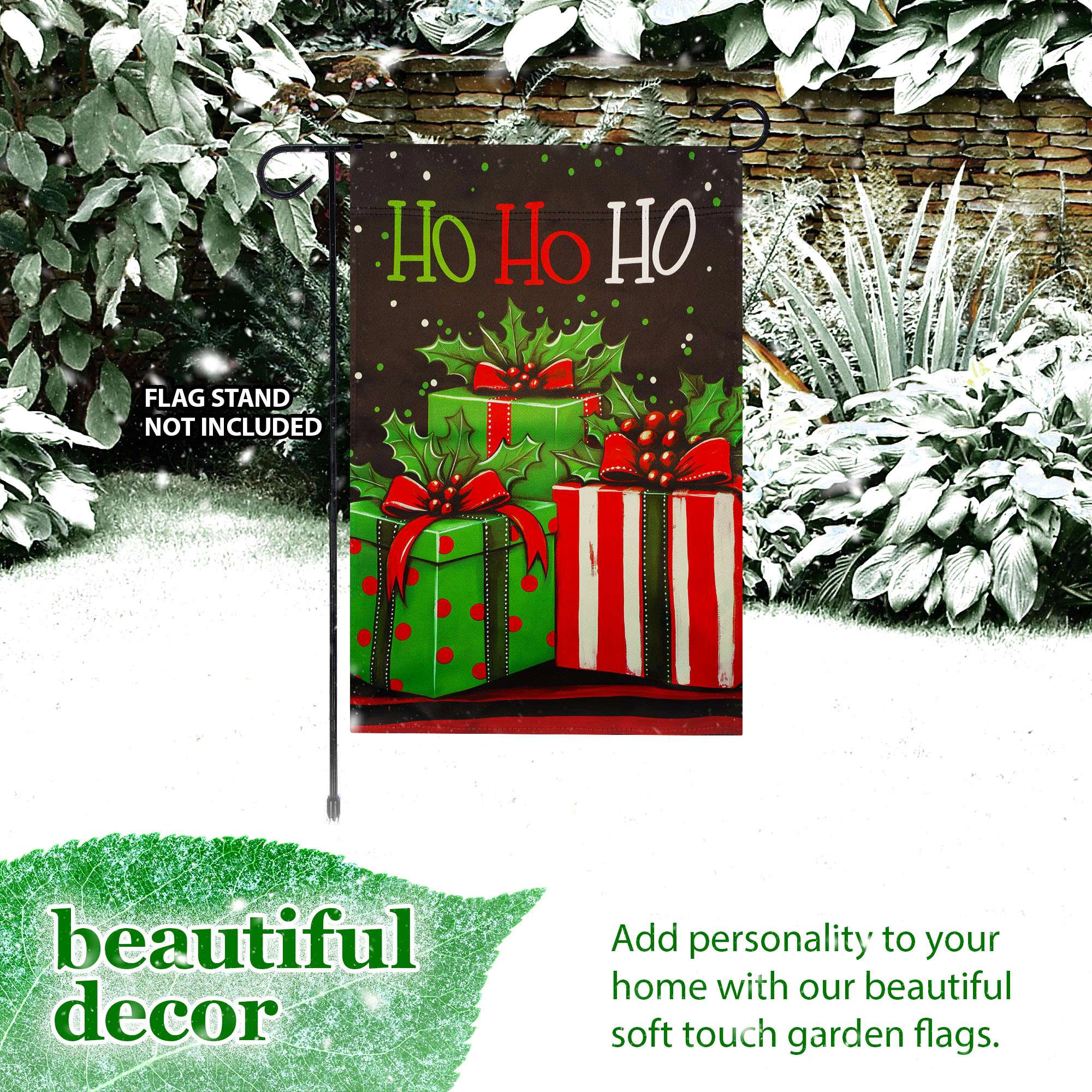 G128 Ho Ho Ho Christmas Gift Box Garden Flag 12x18 inch, Double-Sided Blockout Polyester