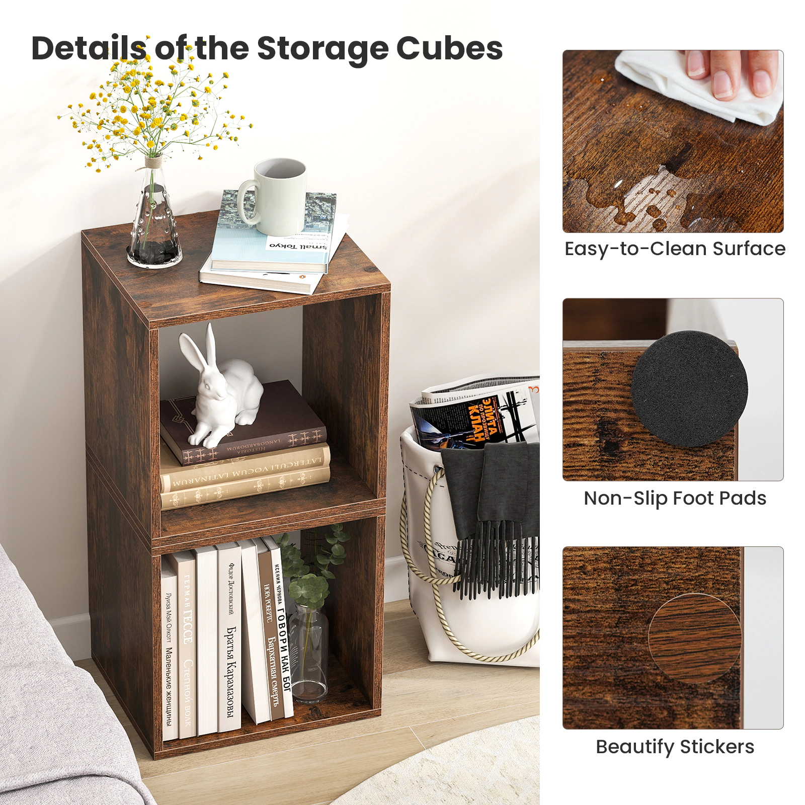 SUGIFT Modular Cube Storage Bookcase Organizer Set of 2 with 66-lb Top Capacity Natural/White