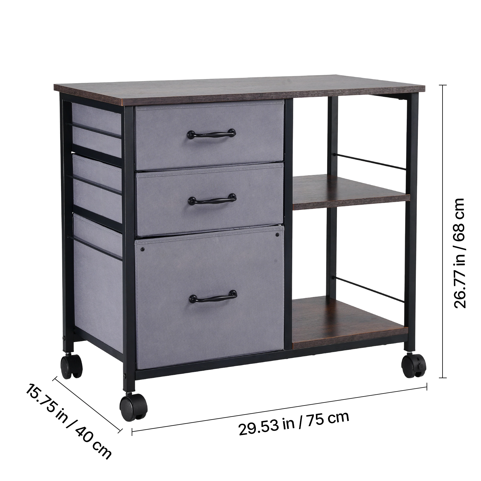 HONGGE Metal File Cabinet Mobile Filing Cabinet with 3 Fabric Drawers and 2 Open Shelves Wooden Vertical Filing Storage