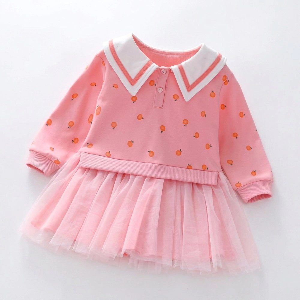 19076 Pink Baby Girl Fruit Print Mesh Patchwork Notch Collar Long Sleeve Dress