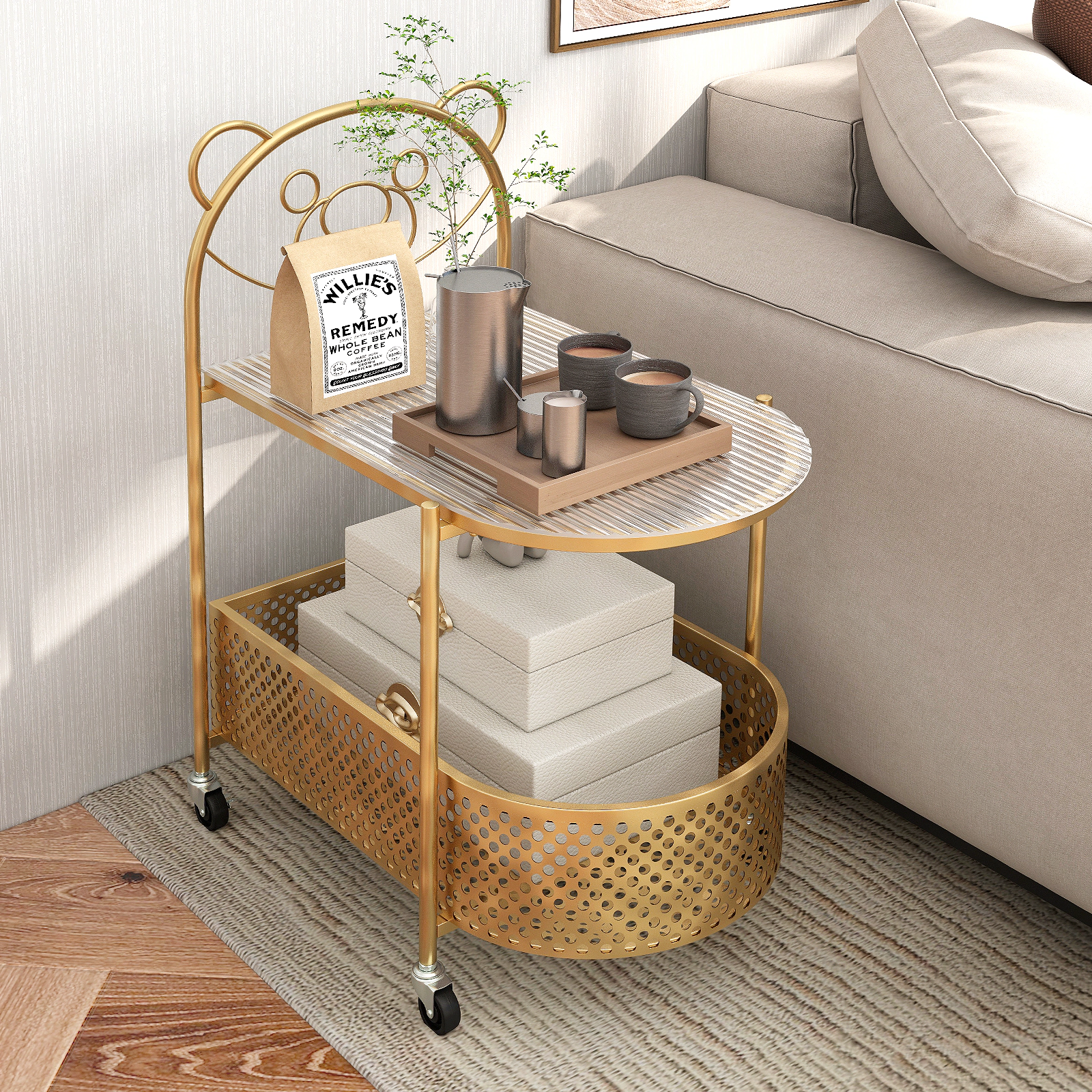 Hivvago 2-Tier Mobile Glass Coffee Table with Bear Pattern