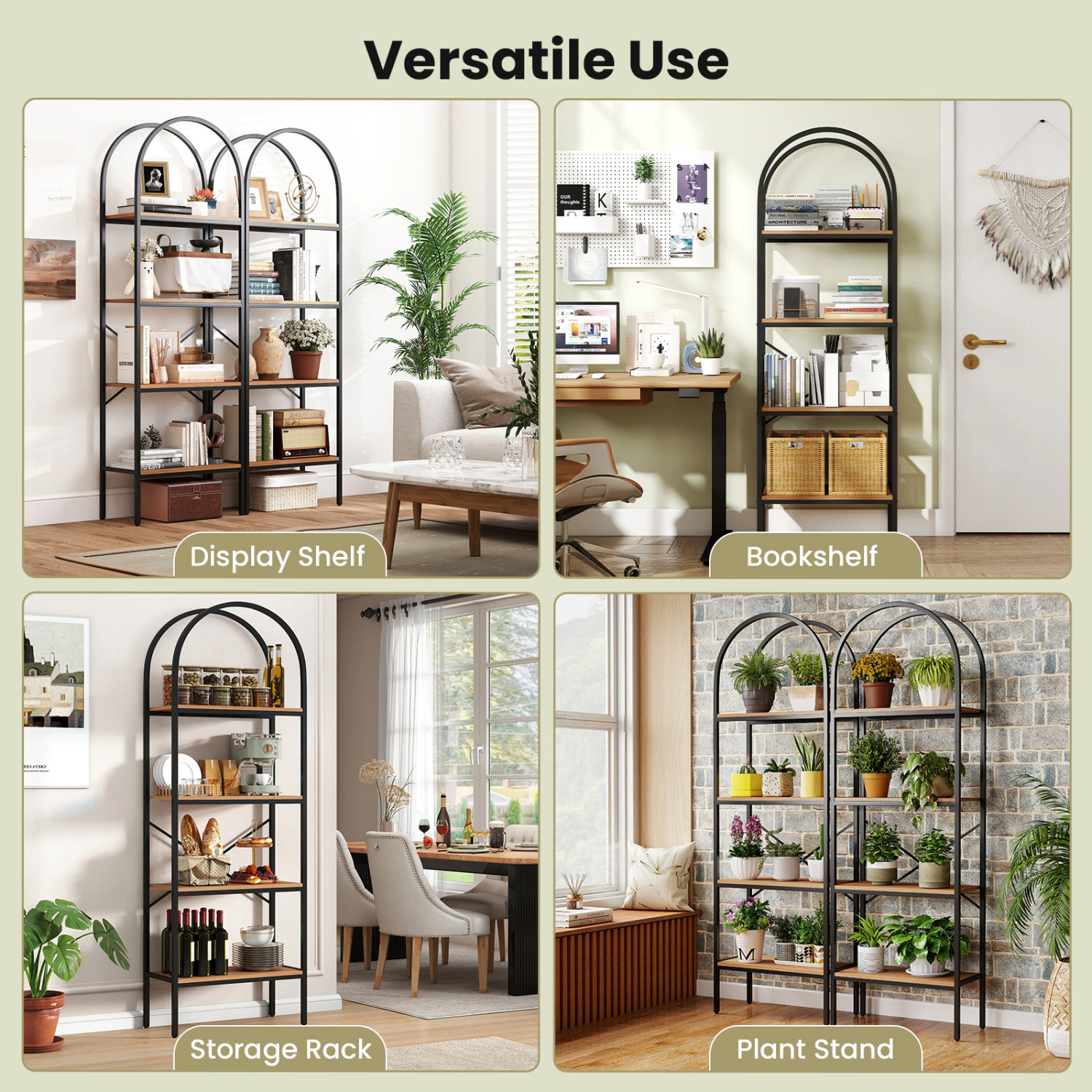 LJG 71" Tall Arched Bookcase 4-Tier with Storage Shelves & Metal Frame for Home Office
