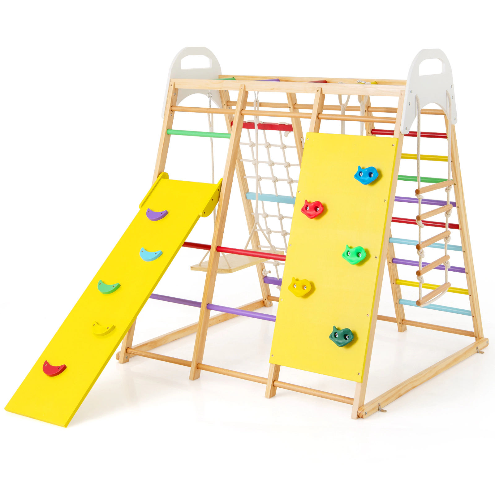 SUGIFT 8-in-1 Wooden Jungle Gym Playset with Slide and Monkey Bars 530-lb Capacity Ages 1+ Multicolor/Natural