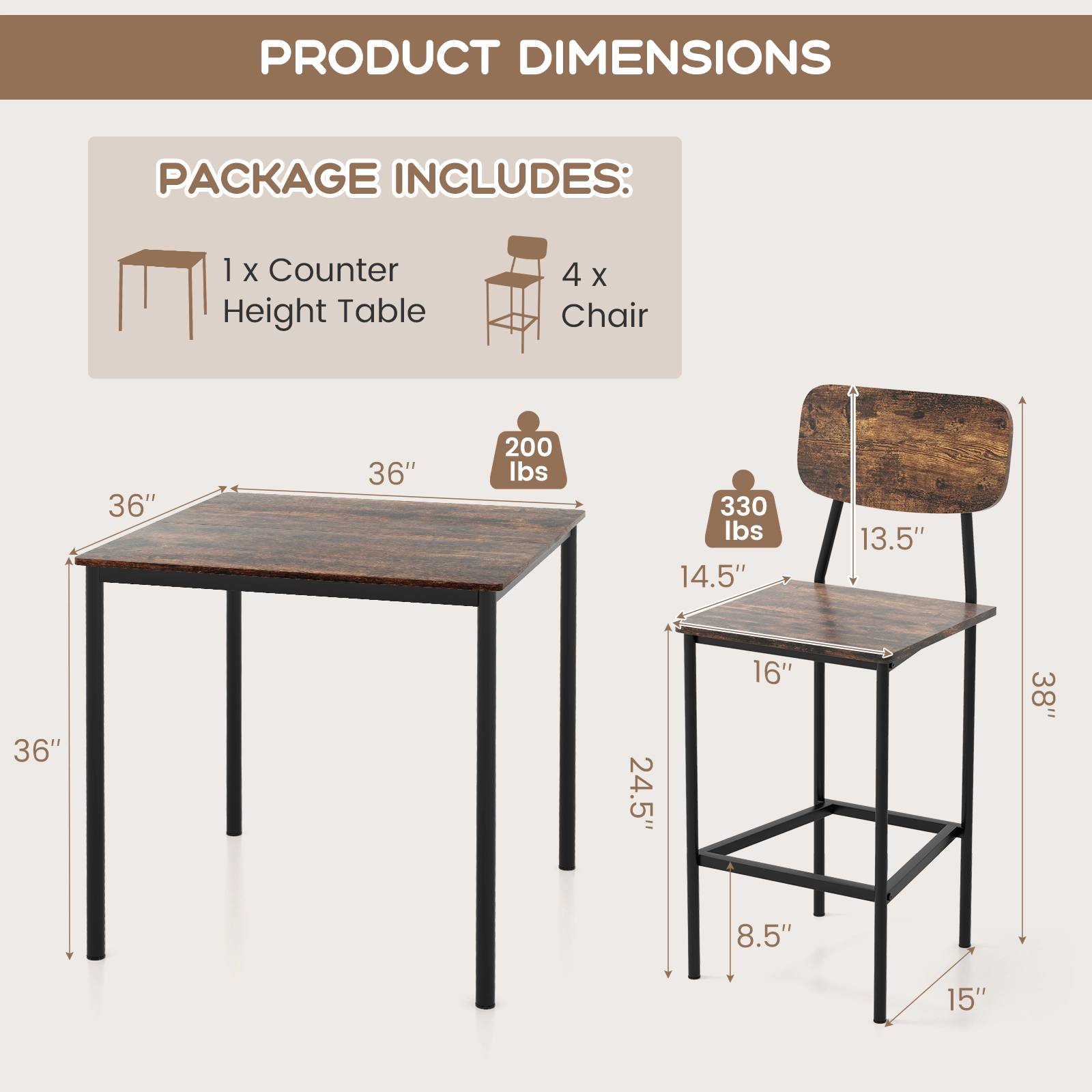 SUGIFT Industrial Counter-Height Dining Set with 300-lb Table Capacity and 4 Bar Stools 200-lb Capacity Coffee