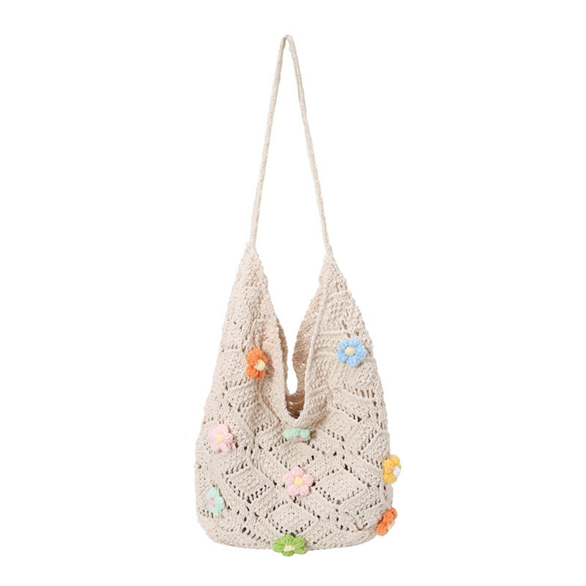Alilang Women's Crochet Woven Shoulder Bag with Floral Applique Open Knit Hobo Design