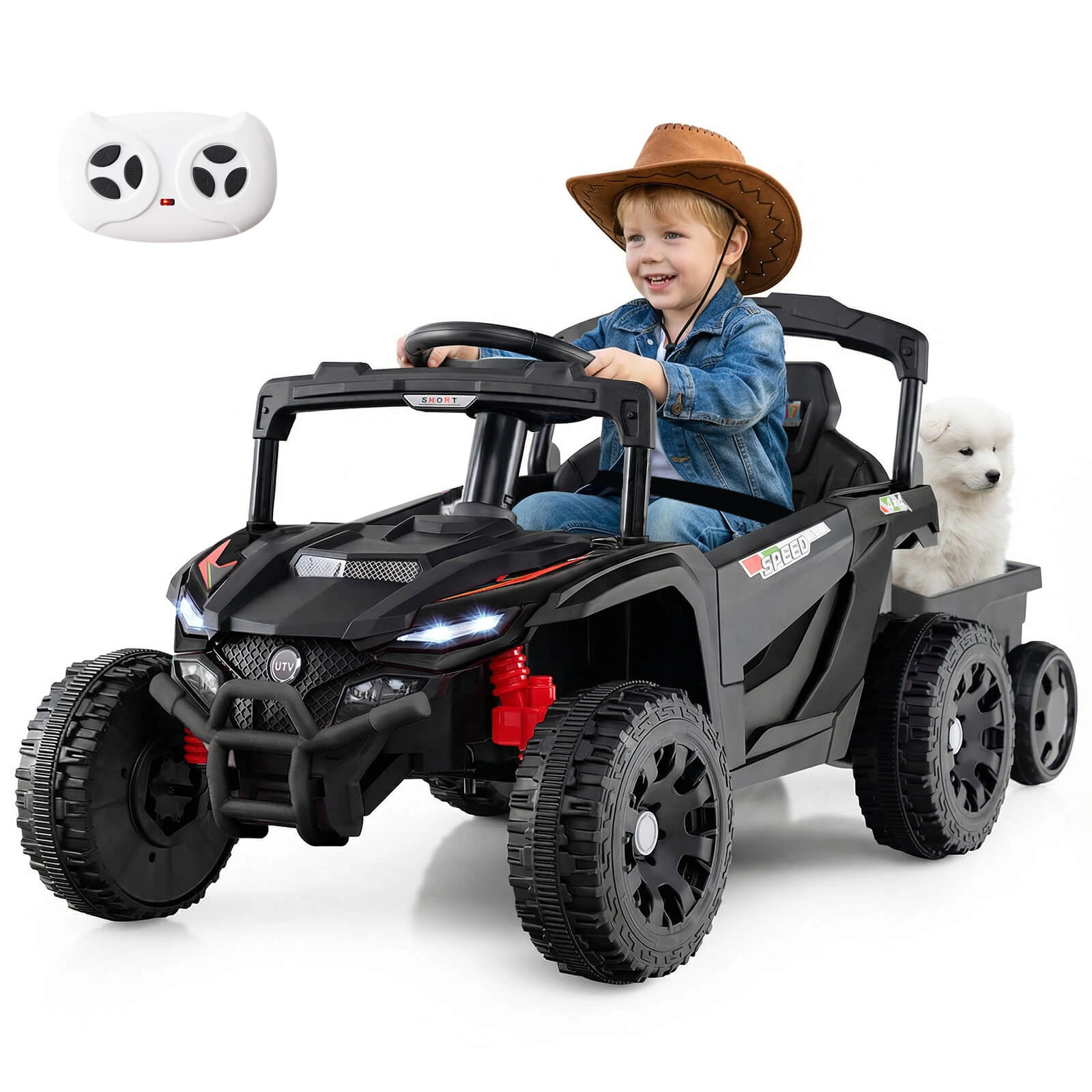 Costway 12V Kids Ride On UTV with Detachable Trailer, Remote Control, 3 Speeds, LED Lights Black