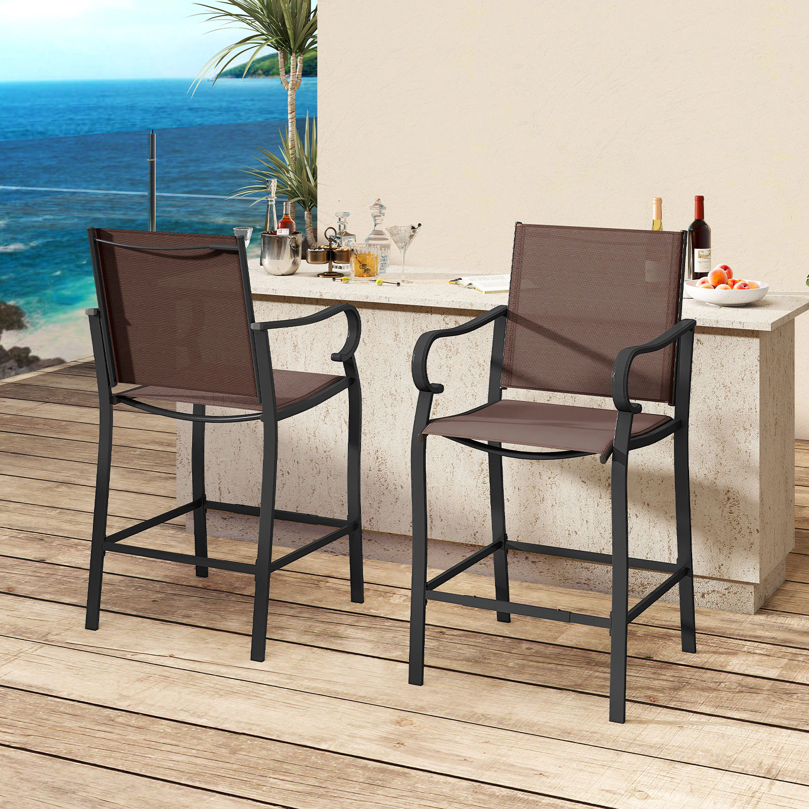 SUGIFT Breathable Mesh and Armrests Set of 2 Brown Outdoor Counter Height Bar Stools